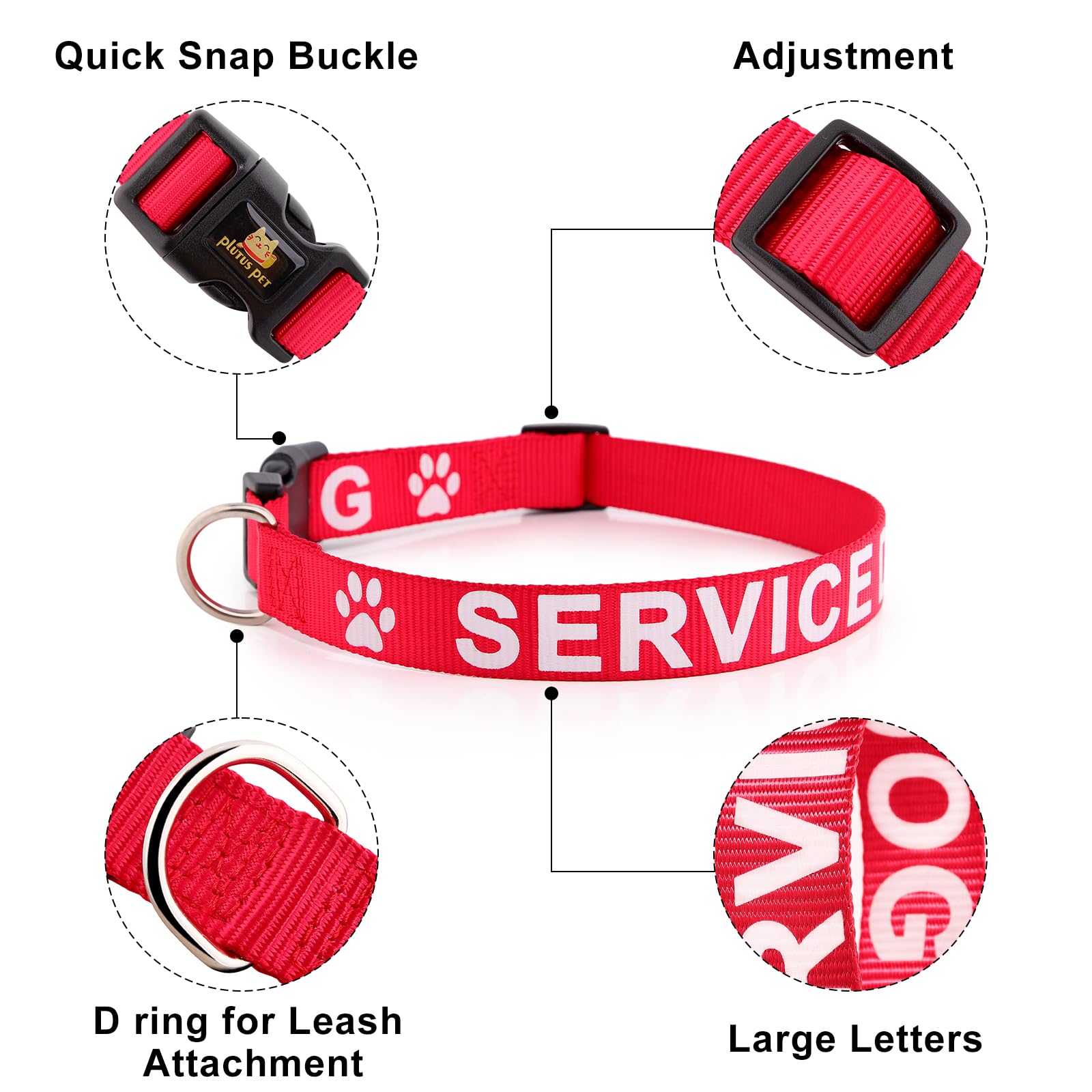 Plutus Pet Service Dog Collar,Printed In Large Letters On Nylon Webbing,Prevents Accidents By Warning Others Of Your Dog In Advance,Two Colors,Four Sizes,Neck 14-20 Inch,Medium,Red