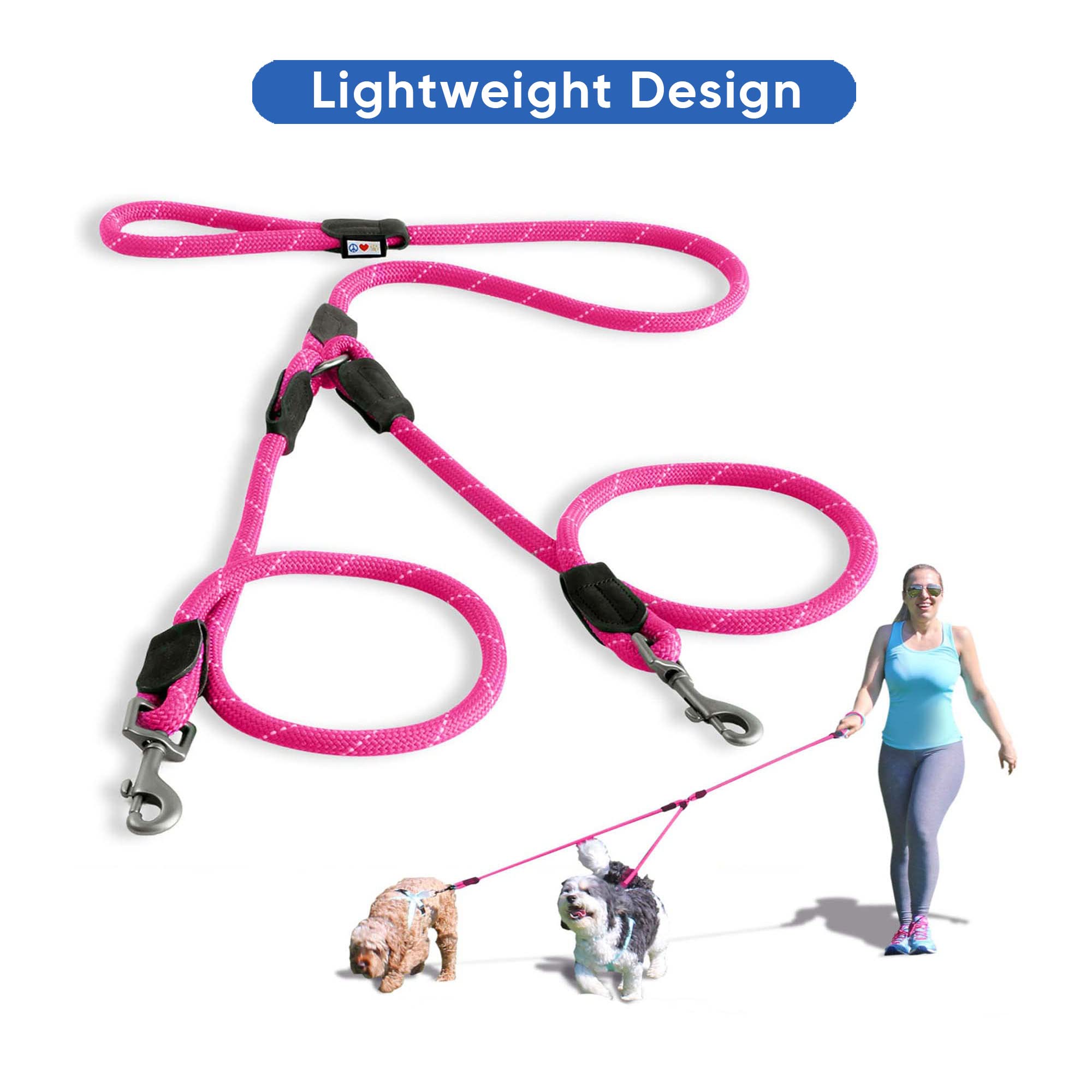 Pawtitas Double Leash for 2 Dogs - 6ft, Medium/Large, Pink, Shock Absorbing, Reflective, Comfortable Walking & Training Rope