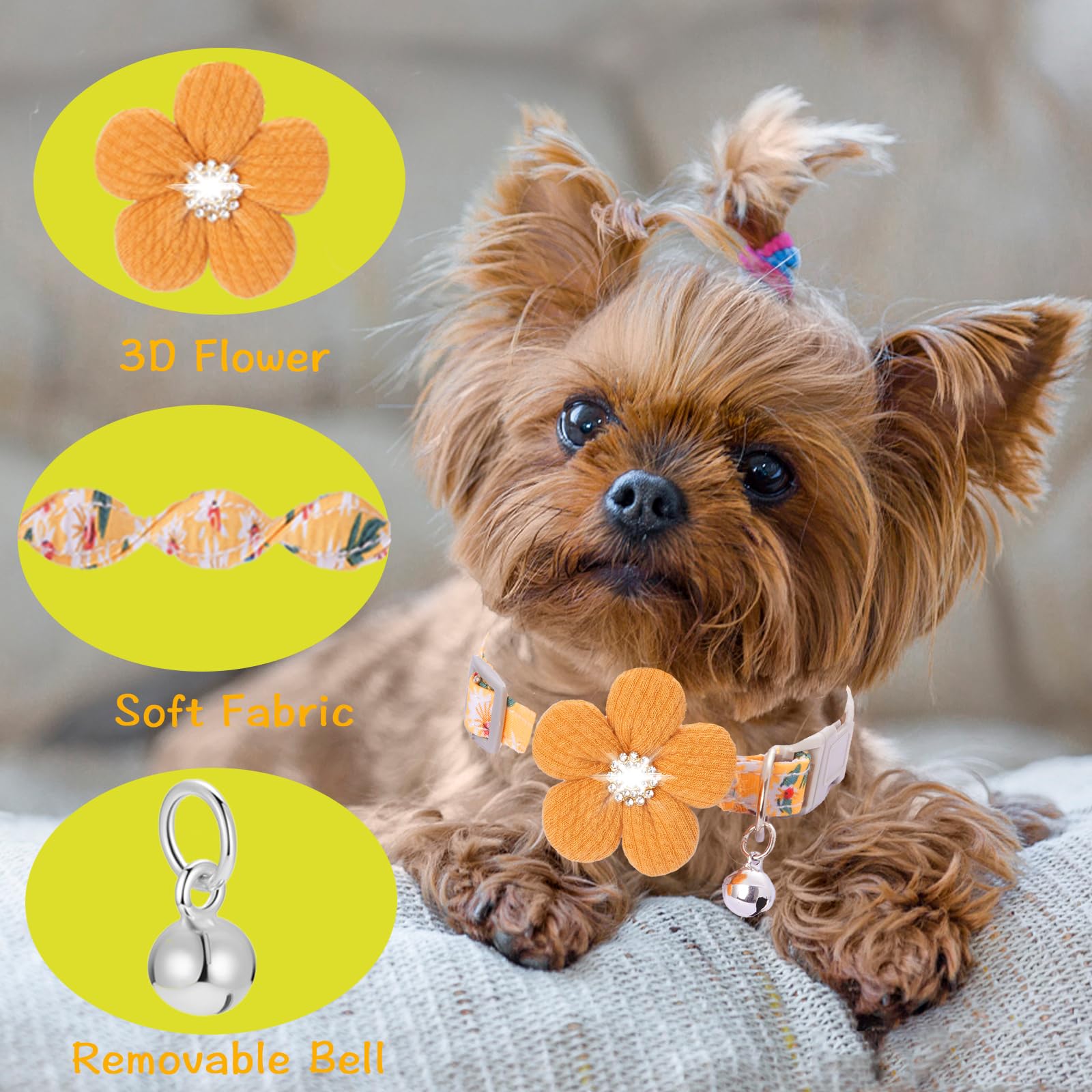 Small Dog Collar With Flower, Puppy Collar For Girl Dog Collars For Small Dogs Cute Dog Collar With Bell, Adjustable Length (Yel