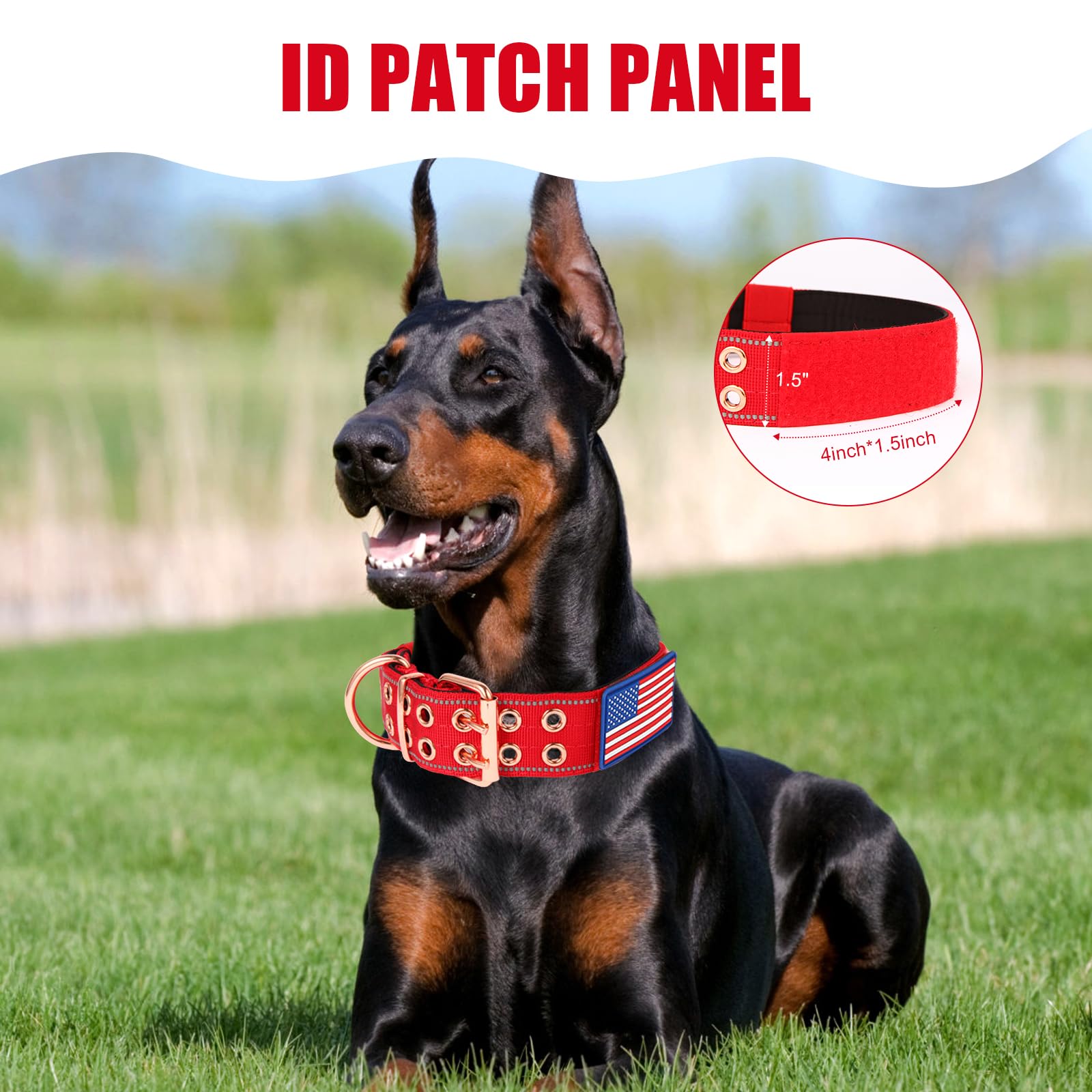 Yunleparks Heavy Duty Tactical Dog Collar With Neoprene Padded And Metal Buckle, Reflective Nylon For Medium To Large Dogs(Red,