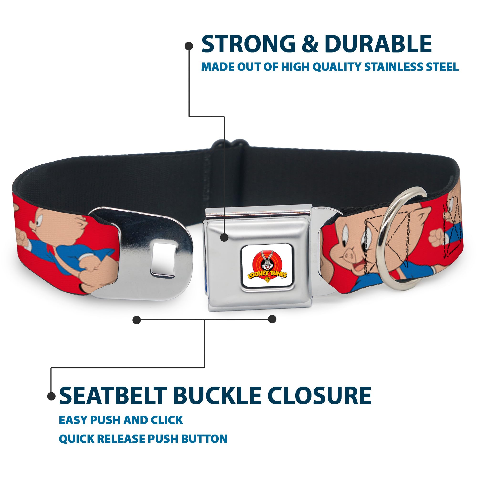 Dog Collar Seatbelt Buckle Porky Pig Expressions Red 9 To 15 Inches 1.0 Inch Wide