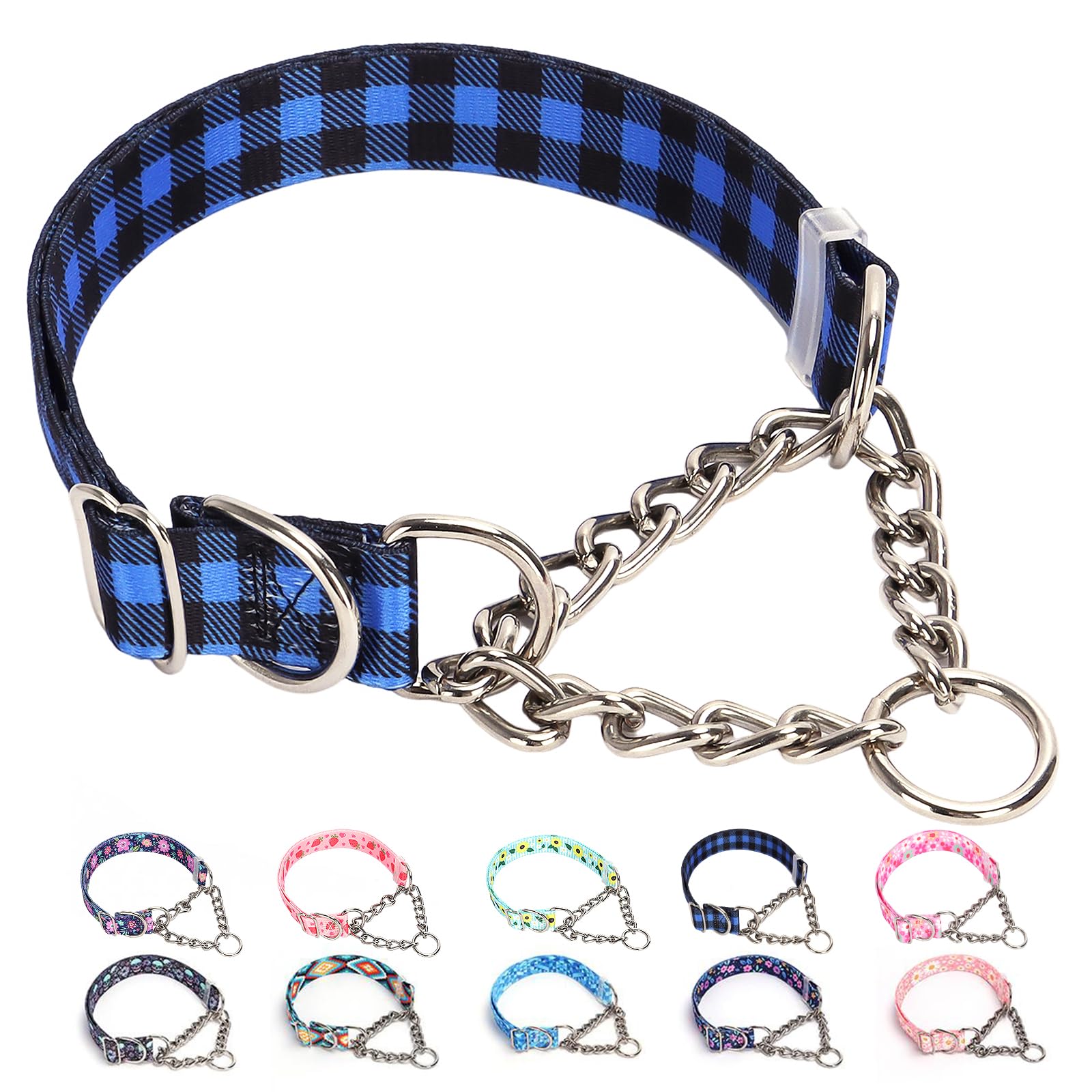 Martingale Dog Collar With Chain, No Pull Slip Cinch Choker Choke Collar Training Escape Proof Heavy Duty Dog Collar For Medium 
