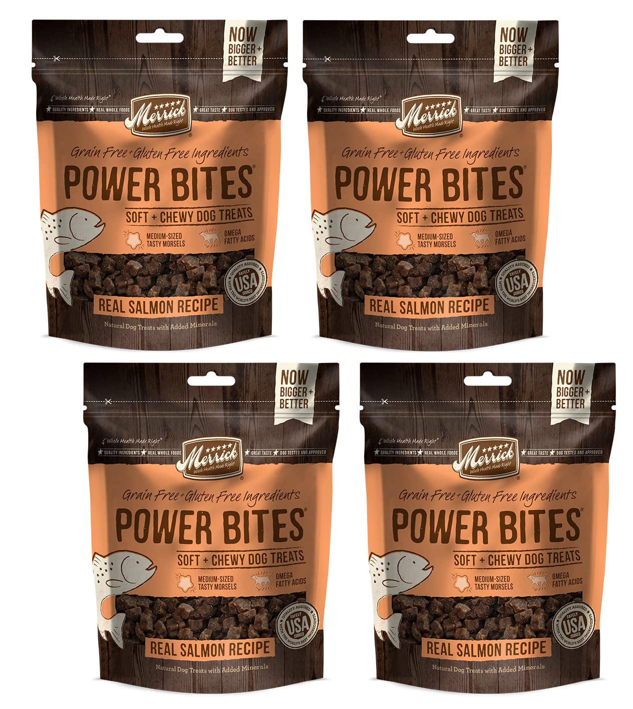 Merrick Power Bites Soft & Chewy Dog Treats - Real Salmon Recipe 6 oz - Pack of 4