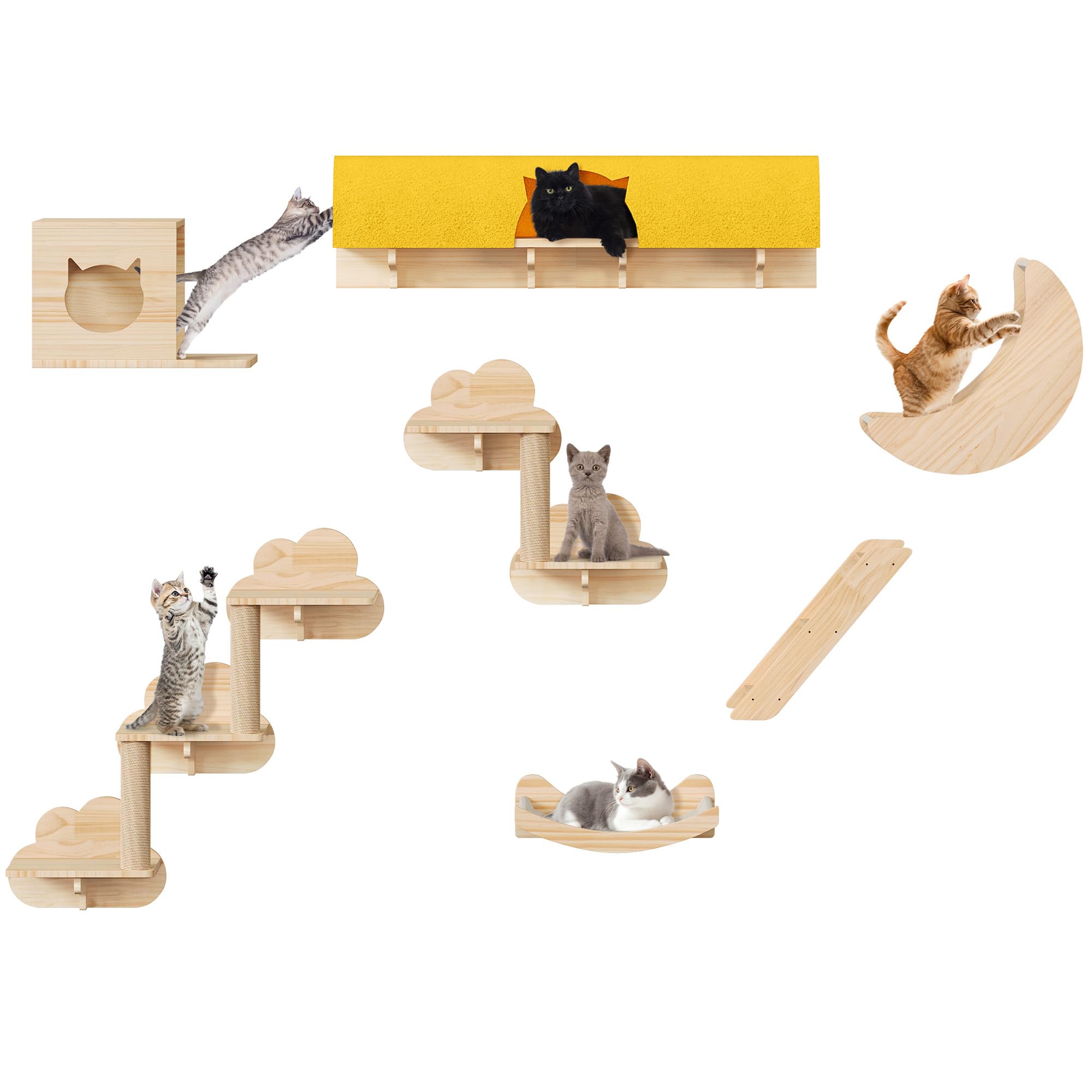 Homiflex Cat Wall Shelves and Perches, Solid Wood Wall Mounted Cat Furniture, Set of 13 Cat Climbing Shelves with Moon Hammock,