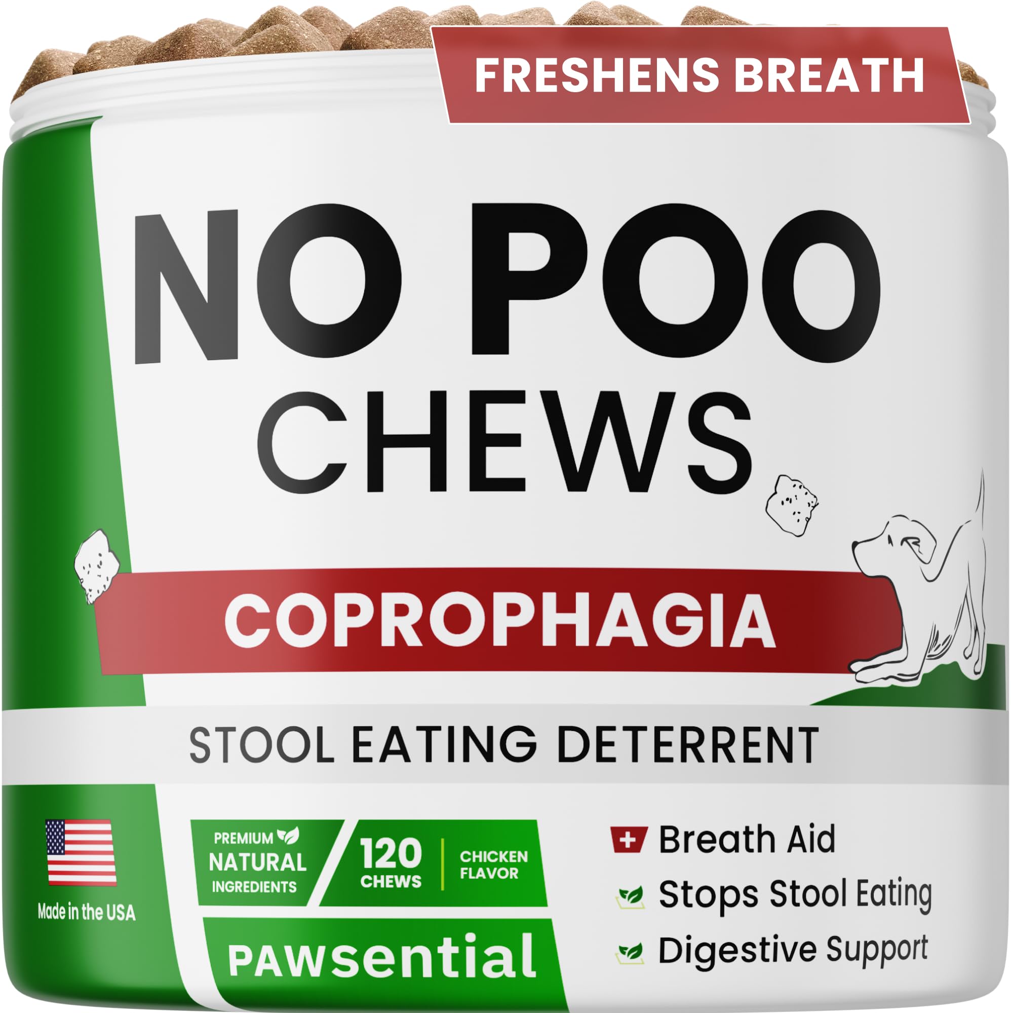 Pawsential NO Poo Chews for Dogs - Prevent Dog Poop Eating - Coprophagia Treatment - Stool Eating Deterrent - Digestive Health +