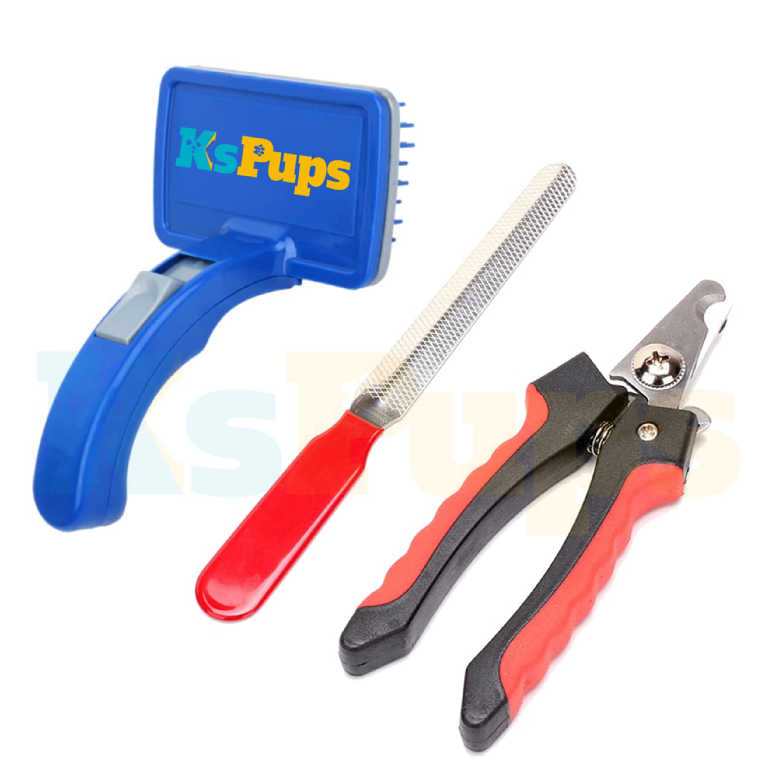 Kspups Slicker Grooming Brush And Nail Cutter For Dogs And Cats, SpringLoaded SelfCleaning Feature, Remove Shedding Hair, Tang