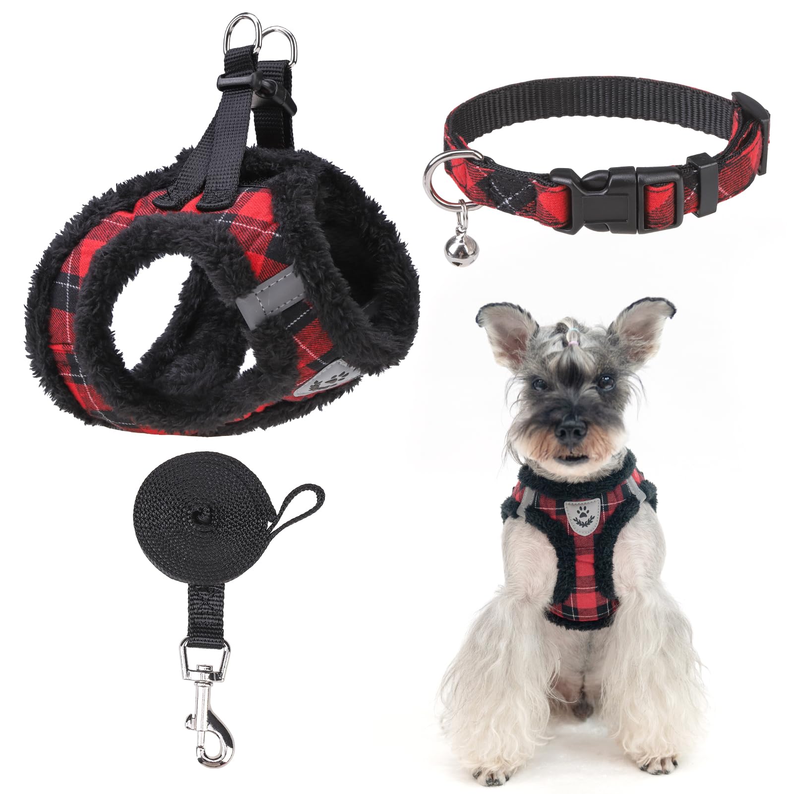 EXPAWLORER Fleece Lined Step-in Dog Harness - Soft Plush Padded Puppy Harness and Leash Set with Adjustable Dog Collar, No Pull 
