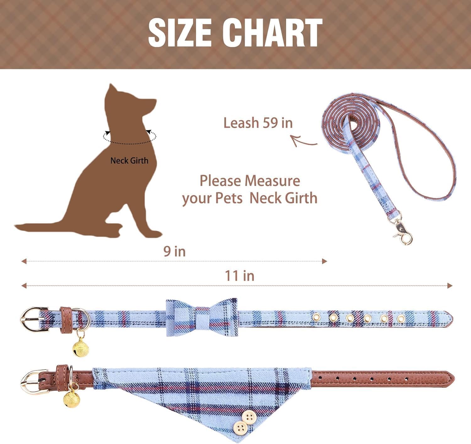 Bow Tie Dog Collar And Leash Set For Small Dogs - Puppy Leash Collars Classic Beige Plaid - Adjustable Size With Golden Bell - P