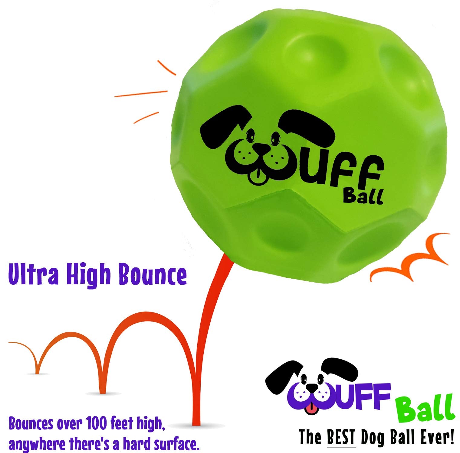 Wuff Ball - The Best Dog Ball Ever! Fun Durable Ultra Bouncy Green Fetch Dog Toy, Fits Ball Launcher