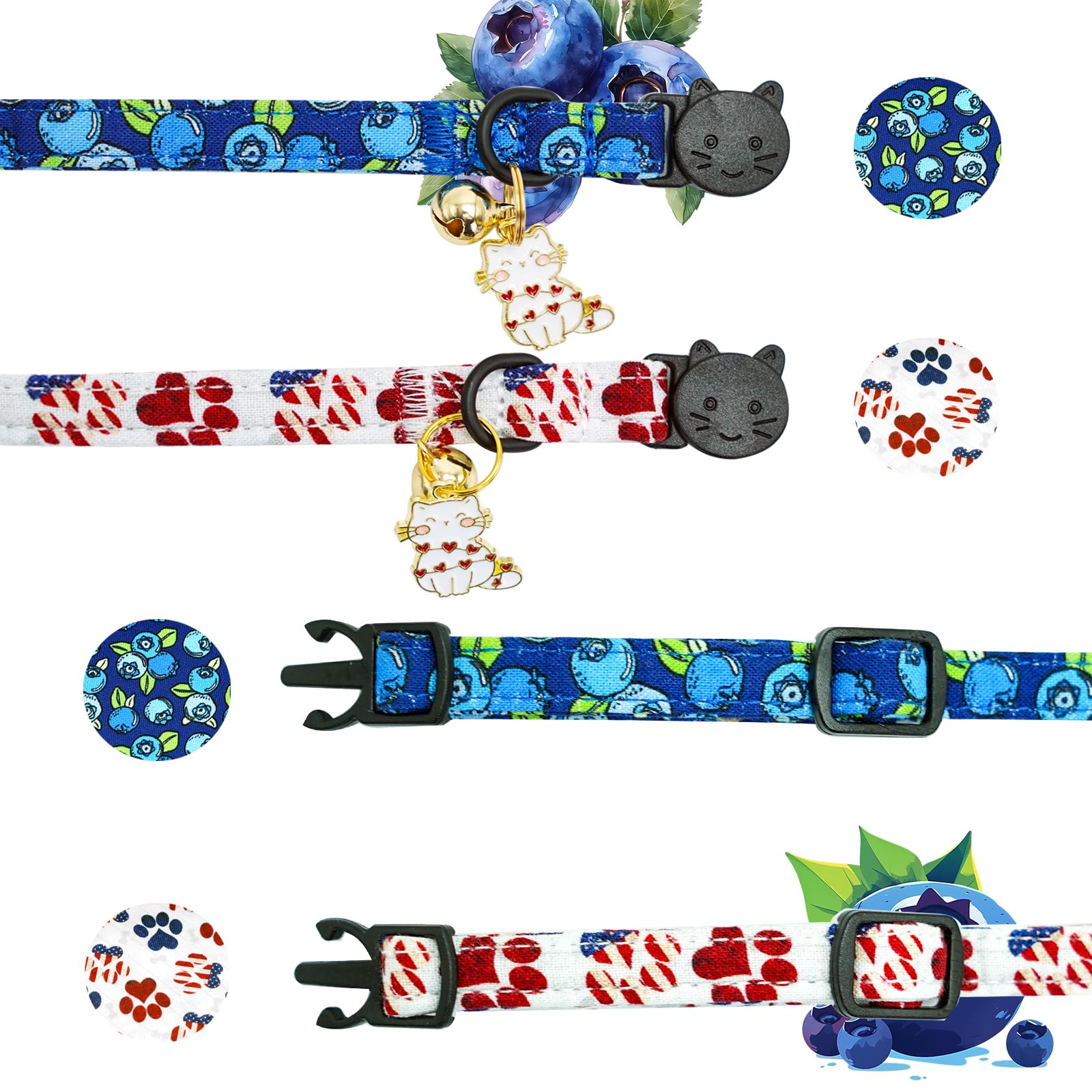 Elegant Little Tail 2 Pack Cat Collar- Blueberry Cotton Breakaway Cat Collars With Bell Pendant Kitten Boy Girl Safety Adjustabl