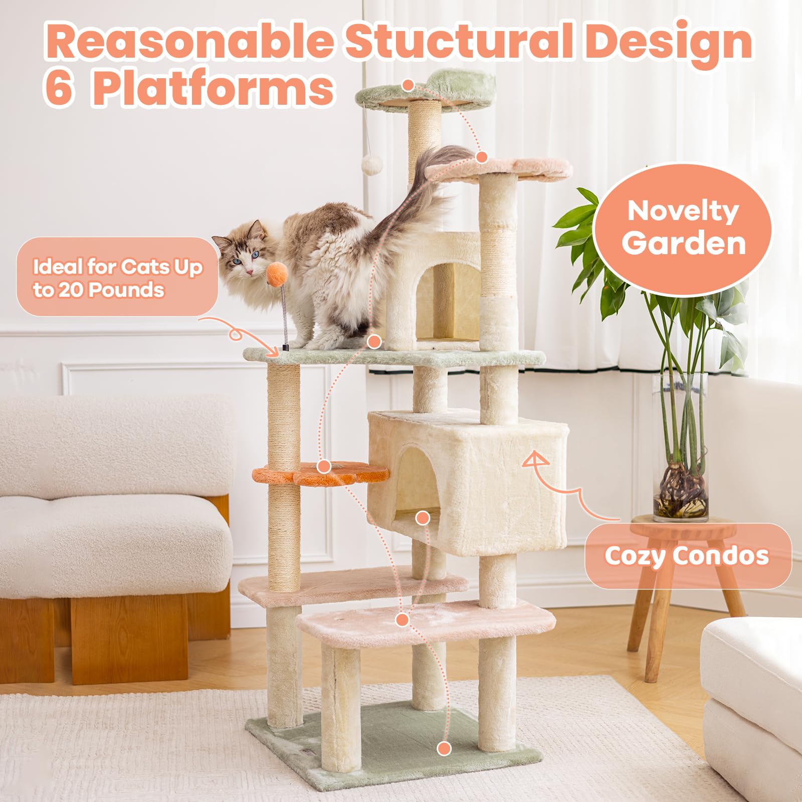 Hyabi 59 Inch Flower Cat Tree Tower Condo Multi-Level Furniture Apartment Plush Amusement Platform With Scratch Posts Toy Ball Pet House Play For Indoor Cats Large Adult