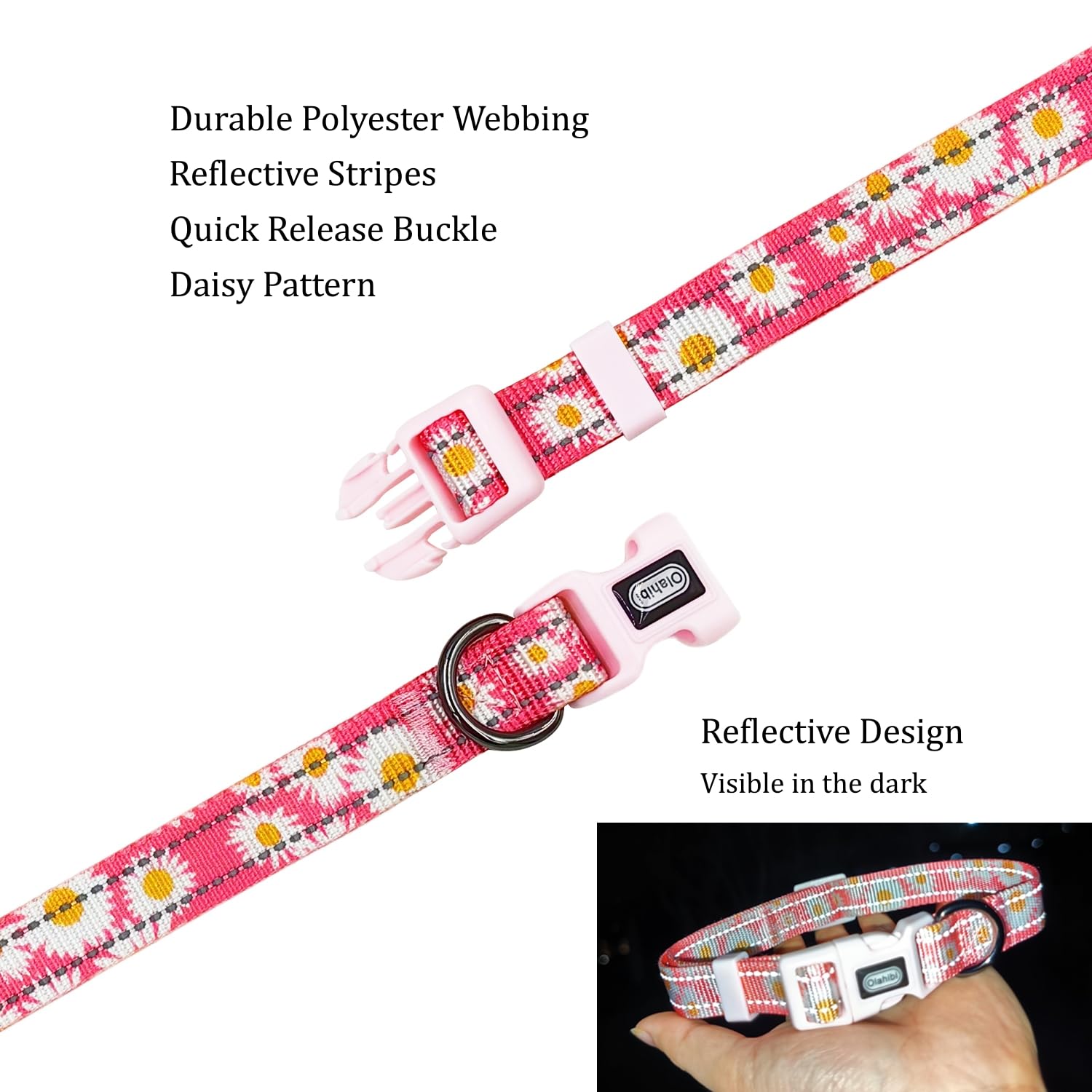 Olahibi Floral Pattern Dog Collar, Pretty Daisy Print, Durable Nylon With Reflective Stripes, Adjustable Length, For Puppy Dogs.