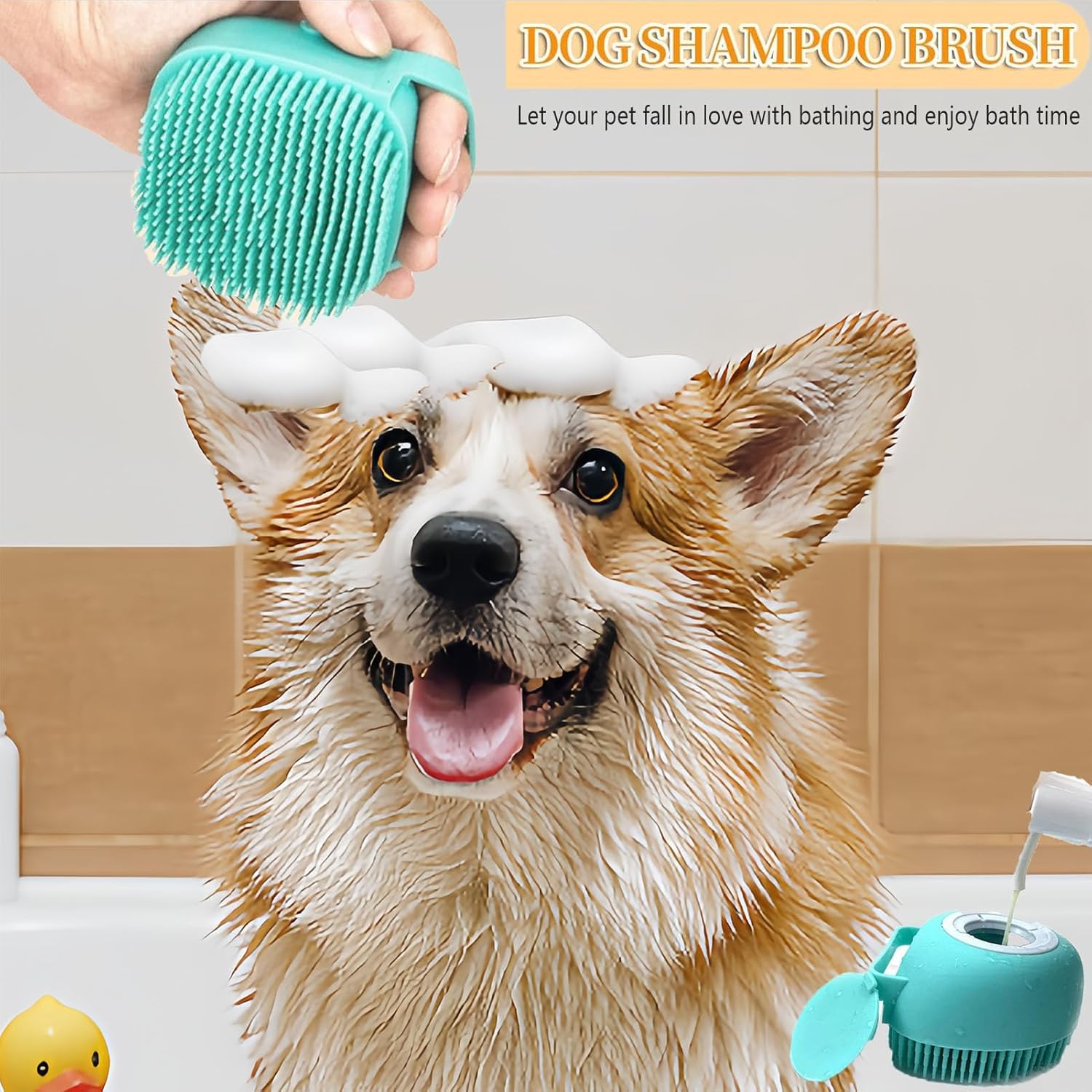 Hfpengzan Pet Bath Scrubber Brush, Dog Grooming Massage Shampoo Bath Brush With Soap And Shampoo Dispenser Soft Silicone Bristle