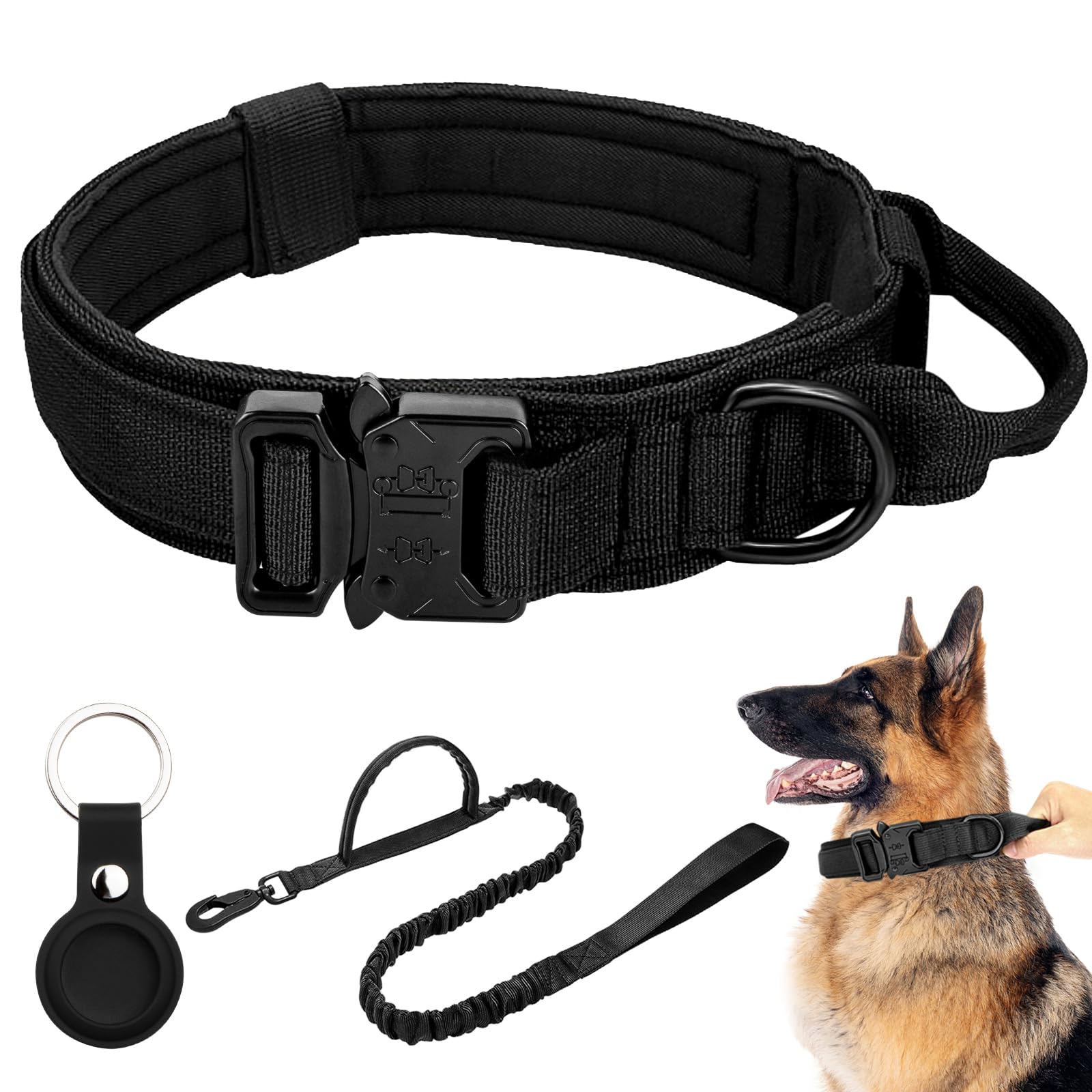 Tactical Military Dog Collar - Adjustable Nylon With Control Handle & Heavy Metal Buckle For Medium & Large Dogs - Airtag Case (