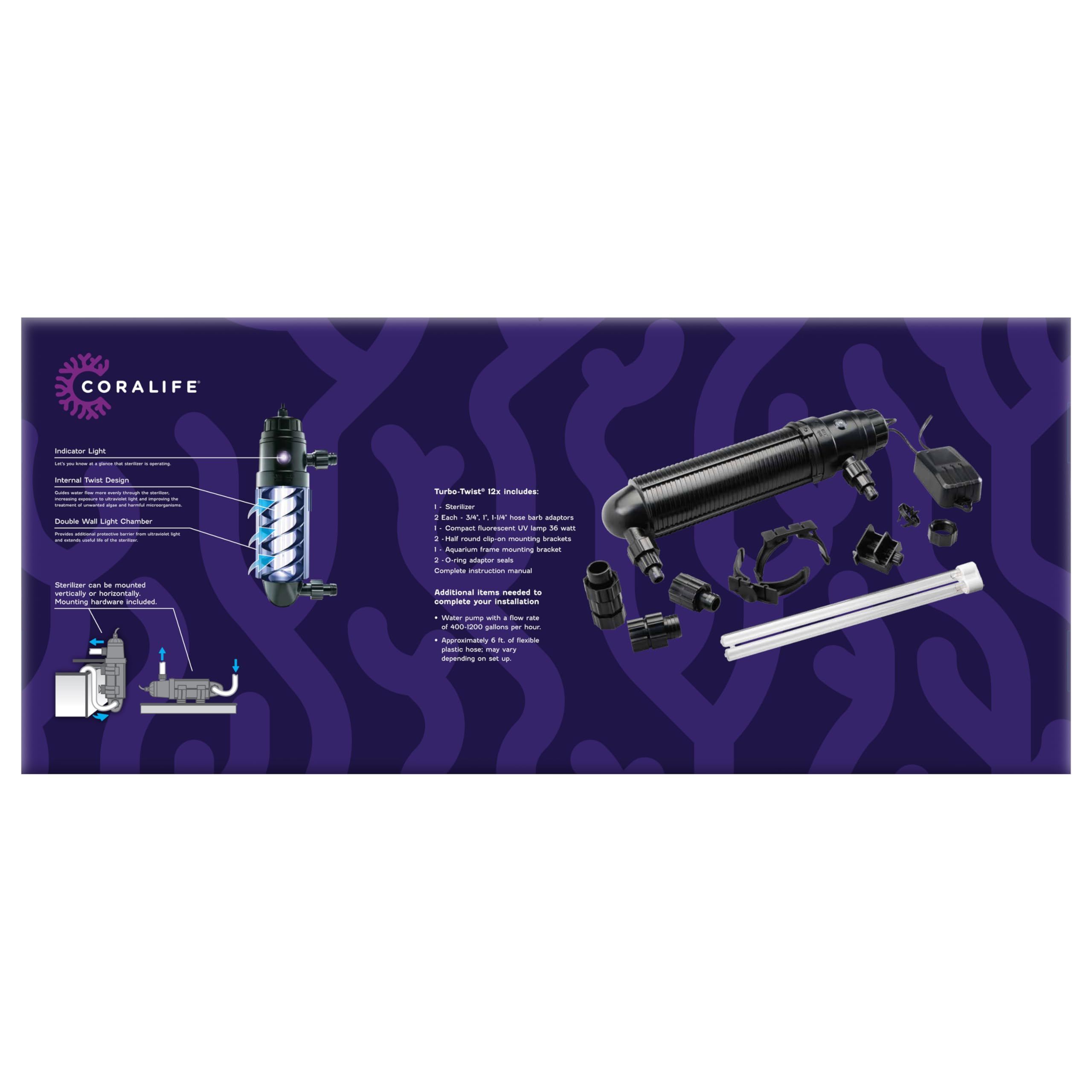 Coralife Turbo-Twist UV Sterilizer 12X, 36 Watt for Up to 500 Gallons, Black, Model 100115602, Plastic
