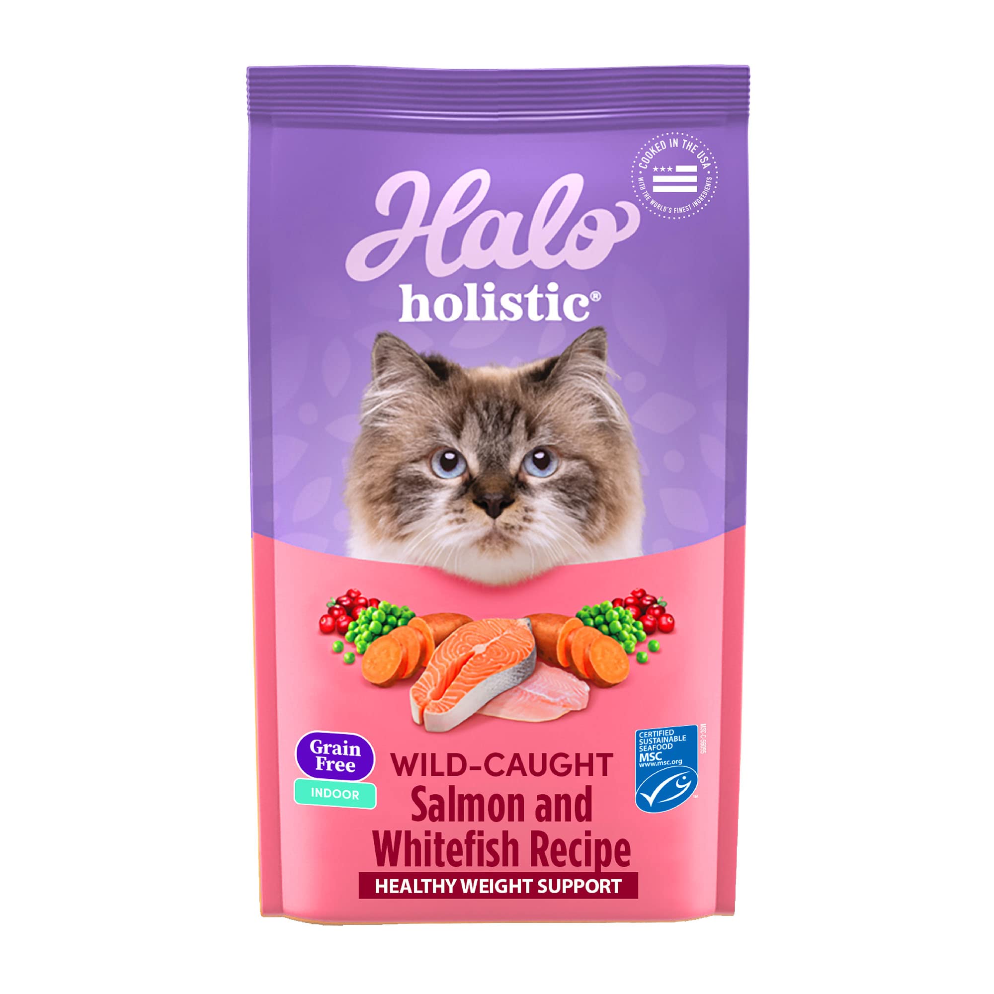 Halo Holistic Cat Food Wild Caught Salmon & Whitefish Formula, Grain Free Dry Cat Food, For Healthy Weight Support, Kibble for I