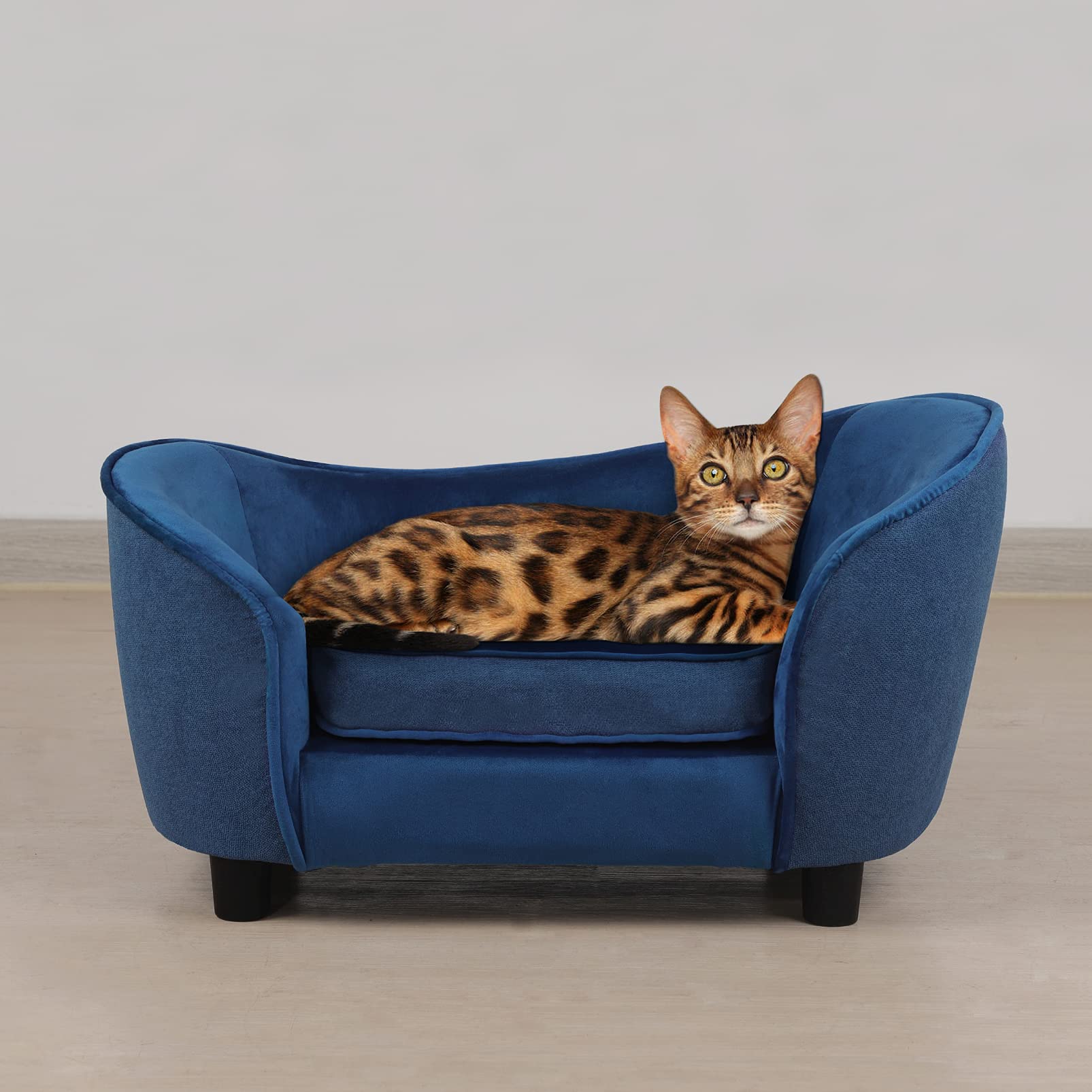 Pet Sofa Bed, Velvet & Linen Fabric Pet Couch Chair With Removeable & Washable Cushion For Small Dogs Cats (Blue)