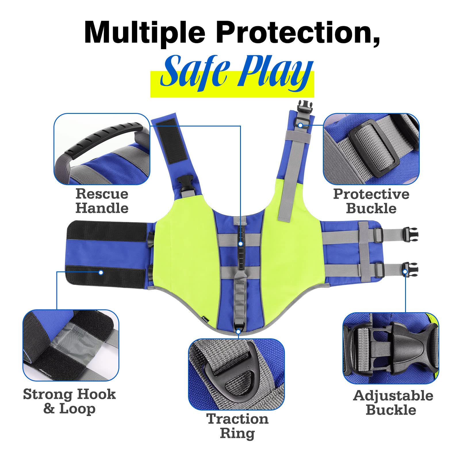Pawaboo Reflective Dog Life Jacket, Dog Safety Vest Adjustable Pet Life Preserver With Strong Buoyancy & Sturdy Rescue Handle, D