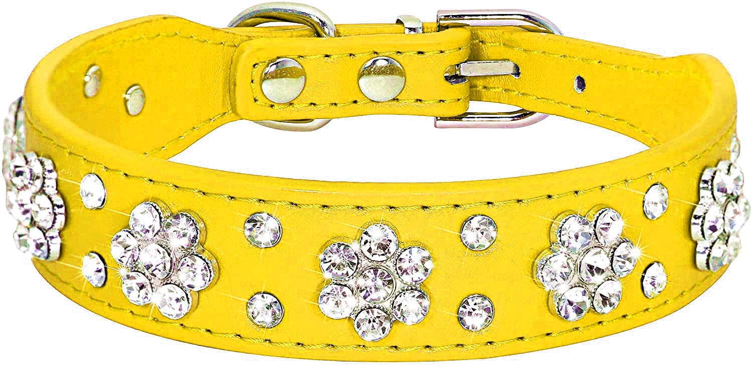 Serijoars Rhinestone Dog Collar - Cute Flower Bling Pu Leather Collar For Cats And Dogs, Adjustable Sizes Xs Small Medium (Xs, Y