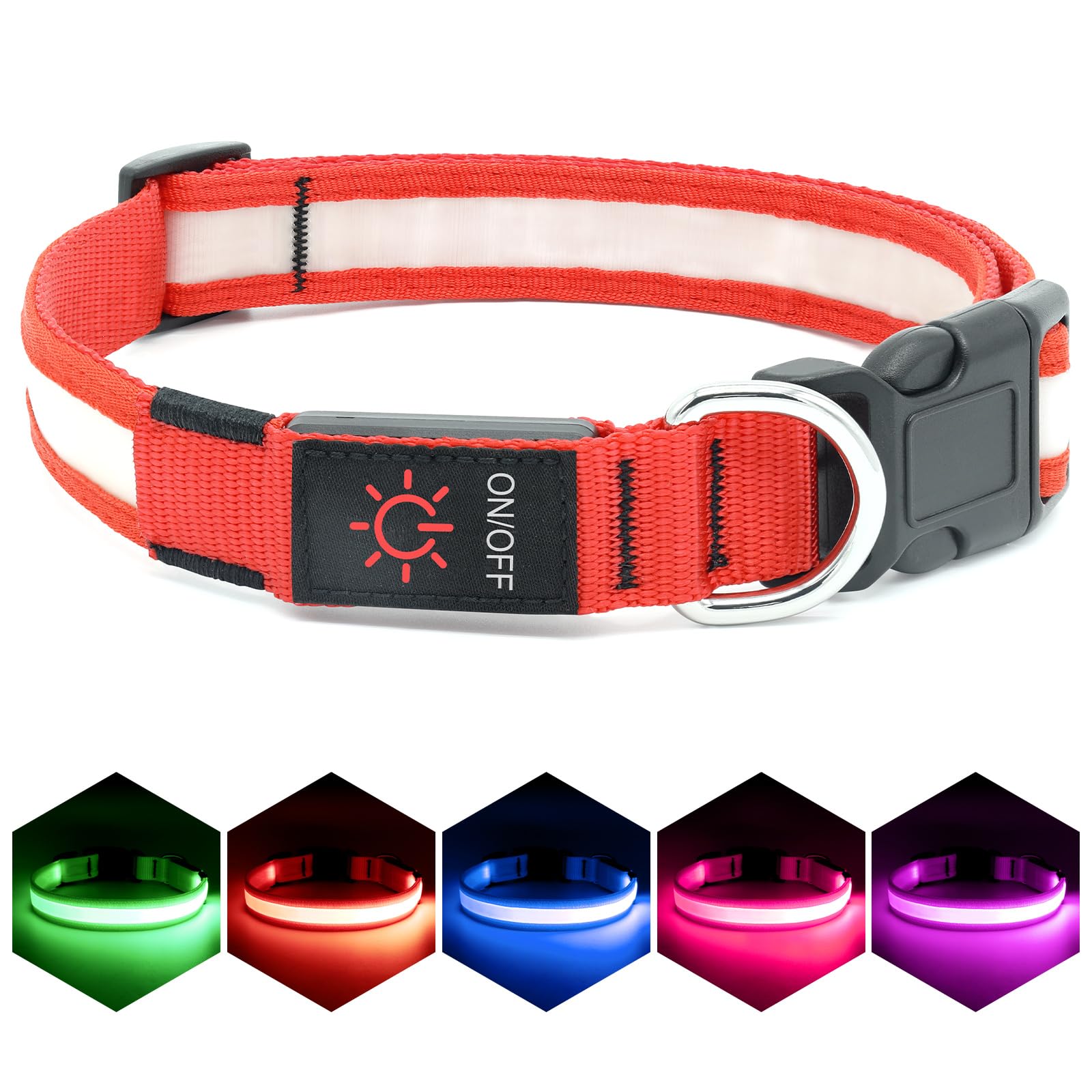 VIZPET LED Dog Collar - Adjustable, USB Rechargeable, Super Bright, X-Large (Red) - Safety Light Glowing Collar for Dogs