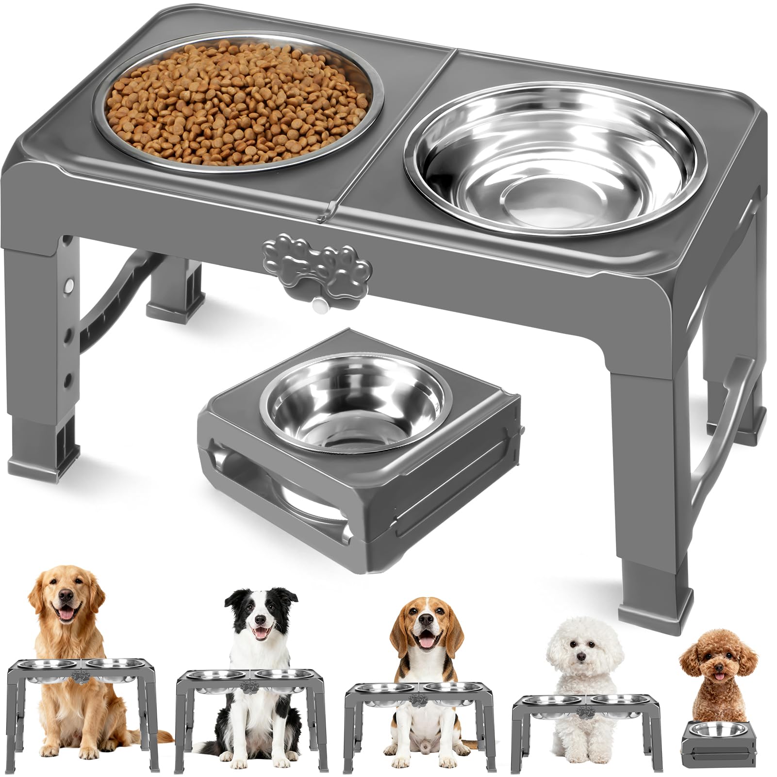 Elevated Dog Bowl Stand Foldable with Dual 7.8 Stainless Steel Bowls, 5 Adjustable Heights (3.9-13.4), Anti-Slip Portable Travel