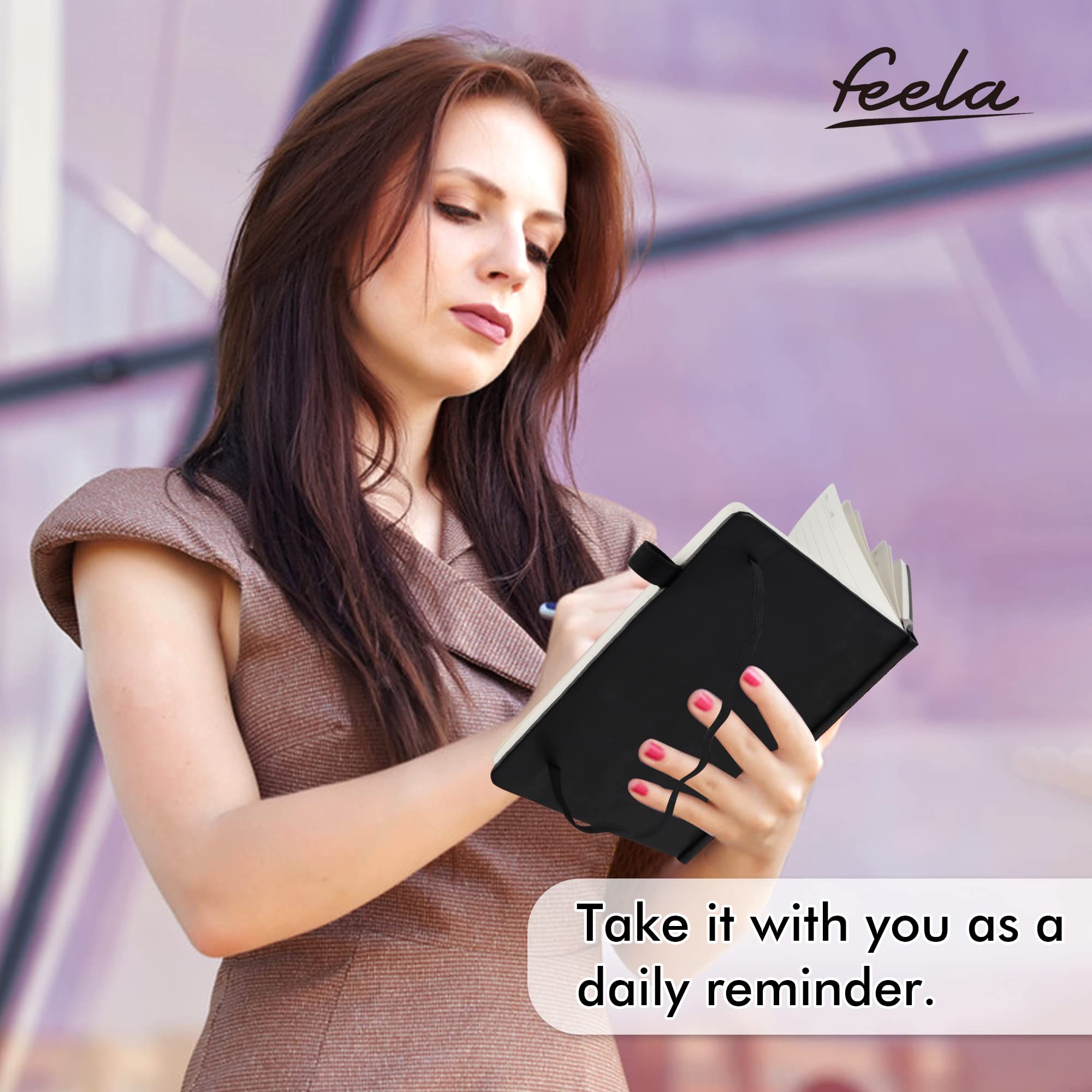 feela A5 Hardcover Notebook Set - 12 Pack with 12 Black Pens, Classic Ruled, Faux Leather, 5.1"x8.3", Black, Model A5CRN12
