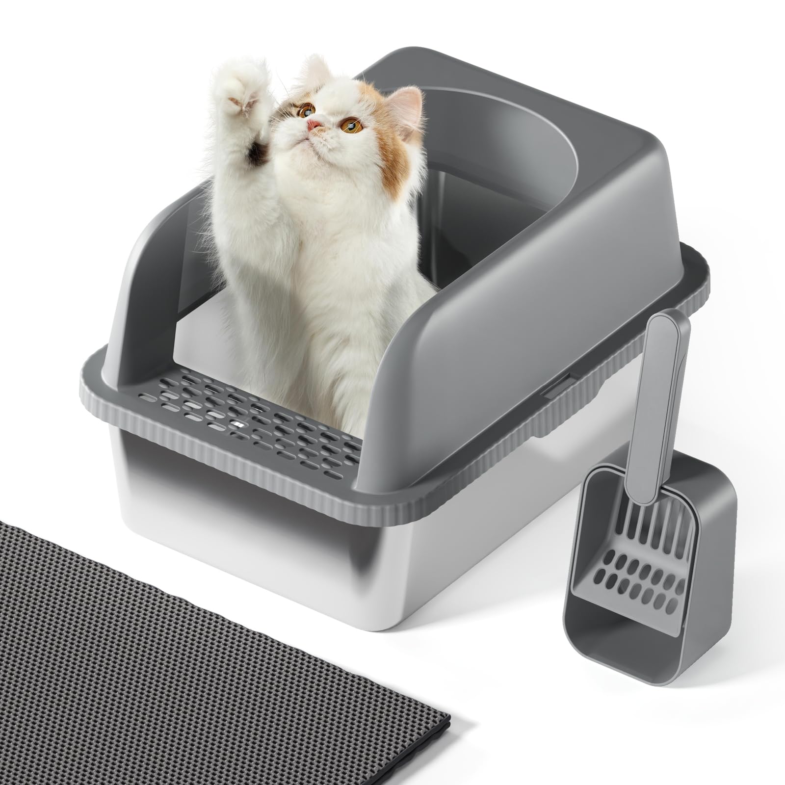 Extra Large Litter Box For Big Cats, Stainless Steel Cat Litter Box With High Side, Anti-Leakage,Non-Stick, Includes Litter Mat 