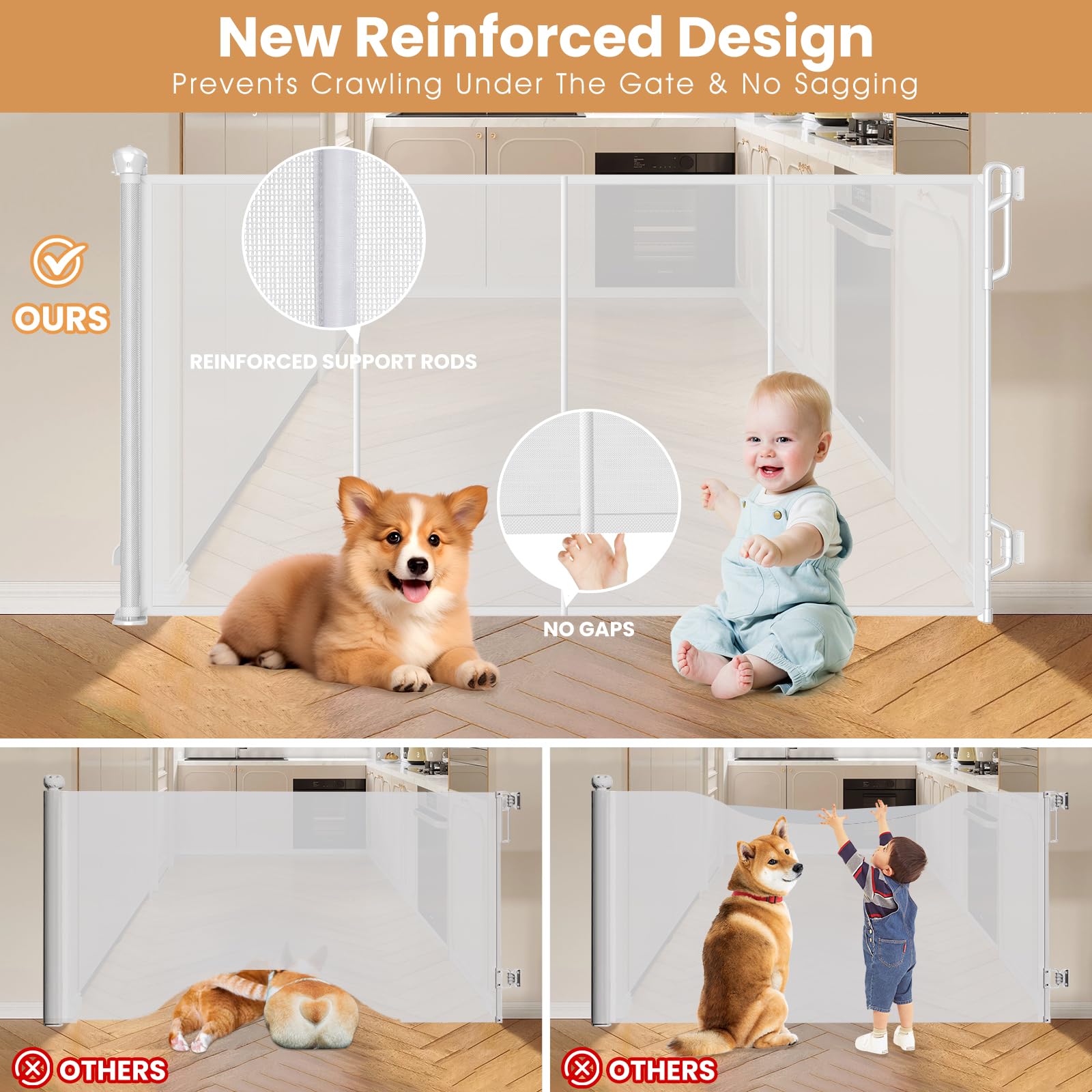 SPACEANY Baby Gate - Reinforced Retractable Mesh Dog Gate, 33.5" Tall, 55" Wide, Easy to Use, White, Model BG04