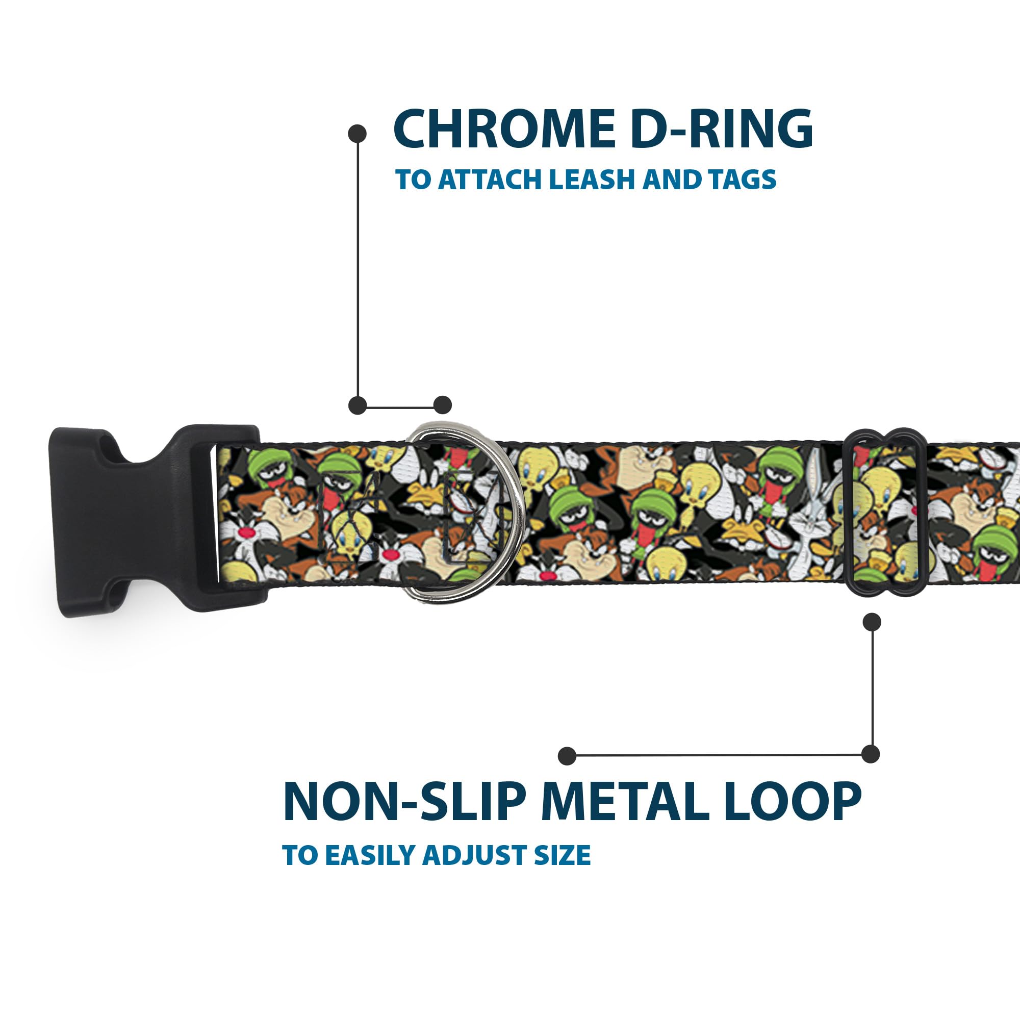 Dog Collar Plastic Clip Looney Tunes 6 Character Stacked Collage4 9 To 15 Inches 1.0 Inch Wide