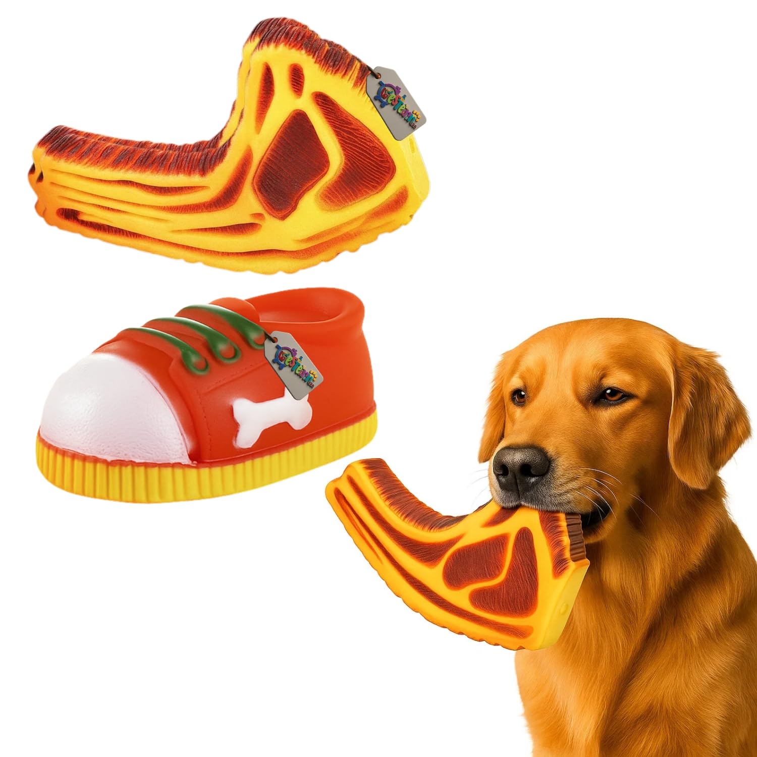 Western Era Combo Dog Squeaky Toy | Durable Rubber Chew Set | Includes Cartoon Shoe Squeaky Toy & Meat Piece Squeaky Chew | Indo