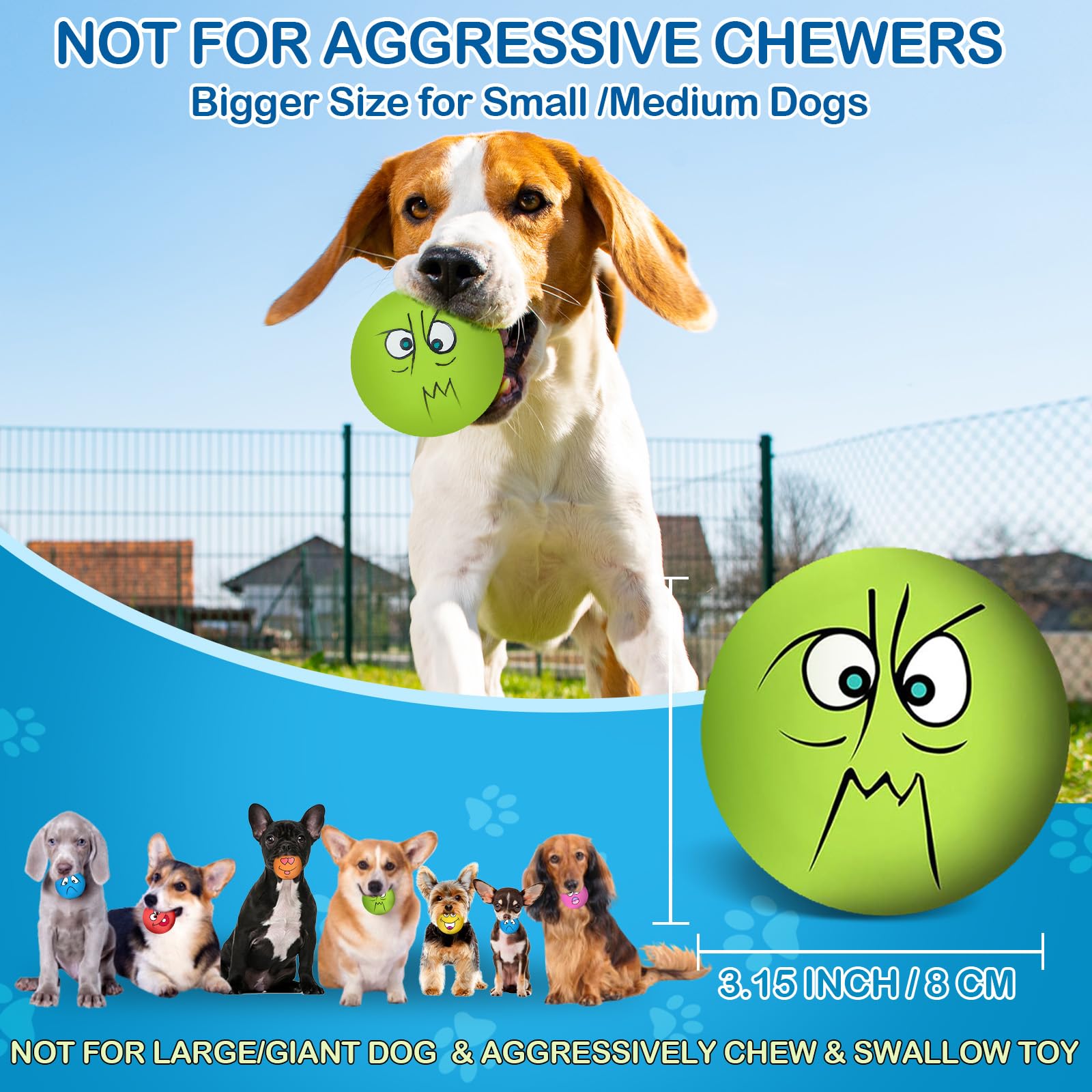 Coricorsu 3.14' Squeaky Dog Toys Funny Smile Face Chewing Latex Rubber Soft Fetch Play Interactive Squeaky Dog Balls For Puppy