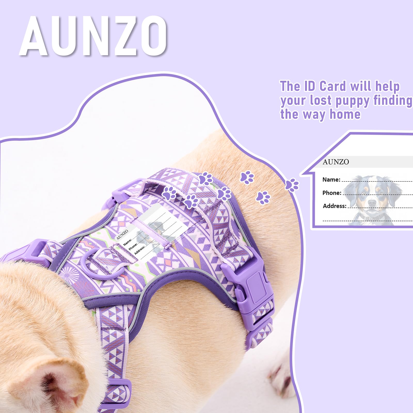 Purple Dog Harness With Ethnic Pattern For Big Dog, Like English Bulldog Doberman Husky Rottweiler Labrador, Easy To Put On And