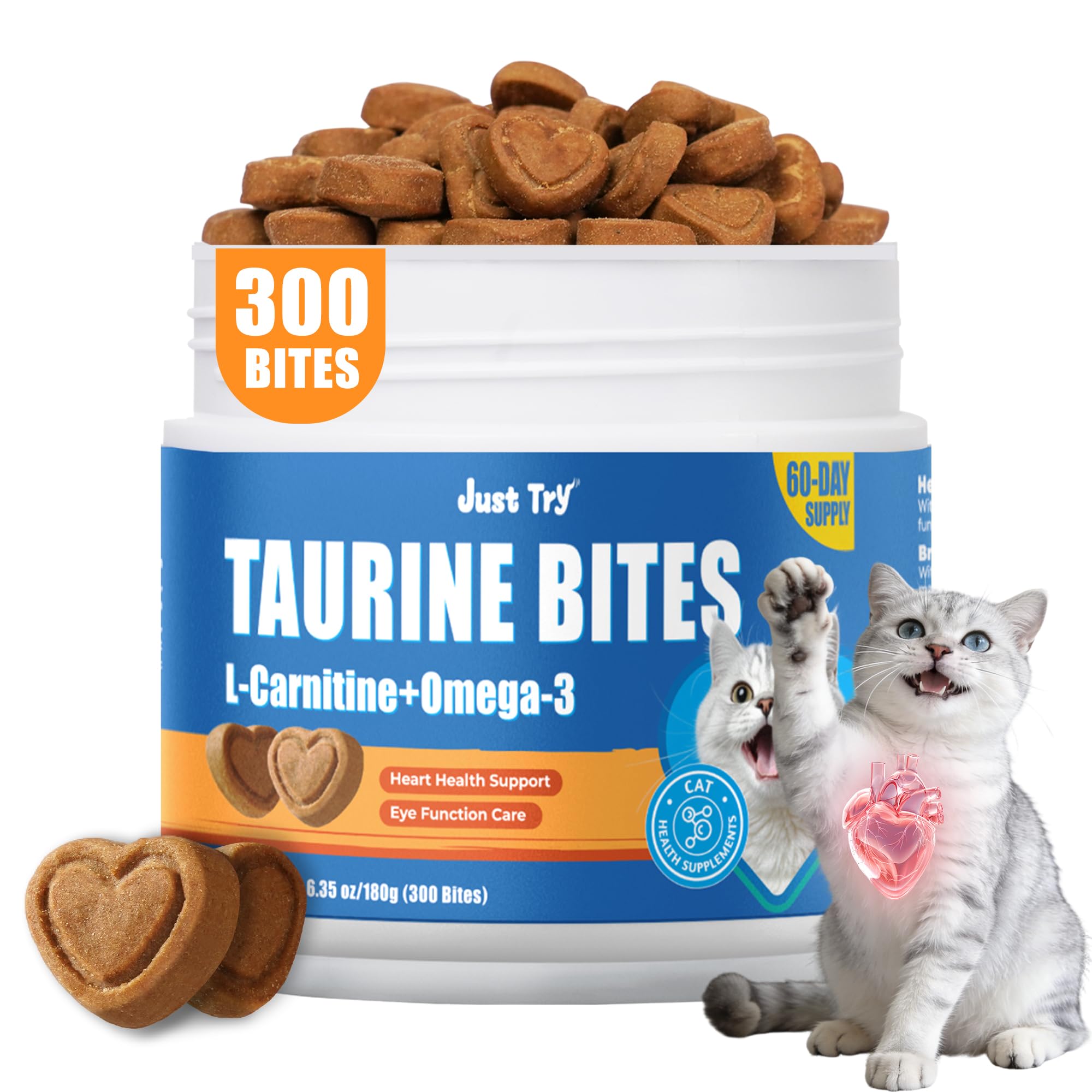 Just Try 6.35 oz Cat Taurine Bites - Taurine for Cats with L-Carnitine, Omega 3 and Vitamins - Supports Immune, Heart and Eyes H