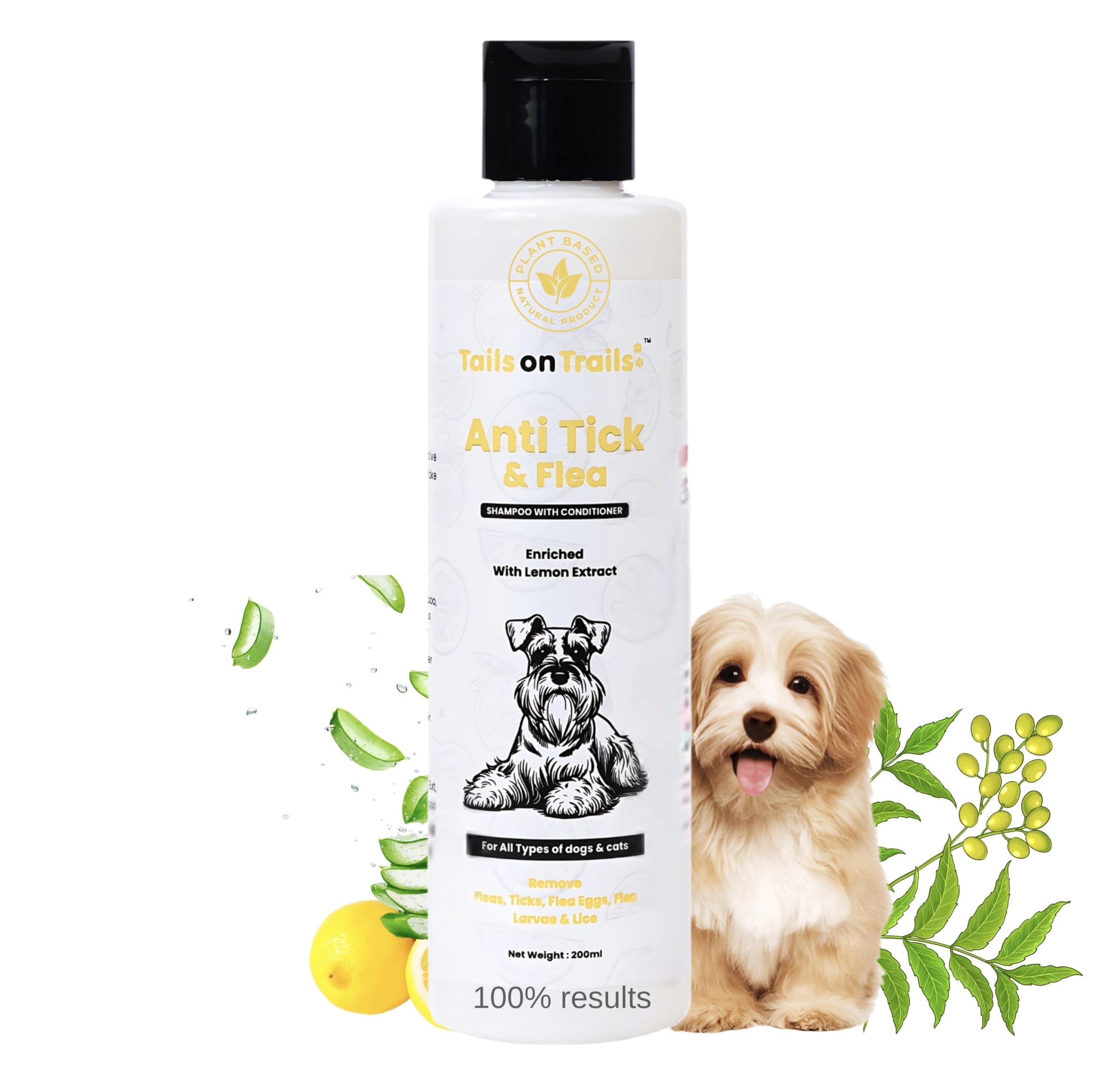 Tails On Trails Anti-Tick & Flea Dog Shampoo With Conditioner 200Ml | Enriched With Lemon Extract, Anti-Fungal, Anti-Itching For