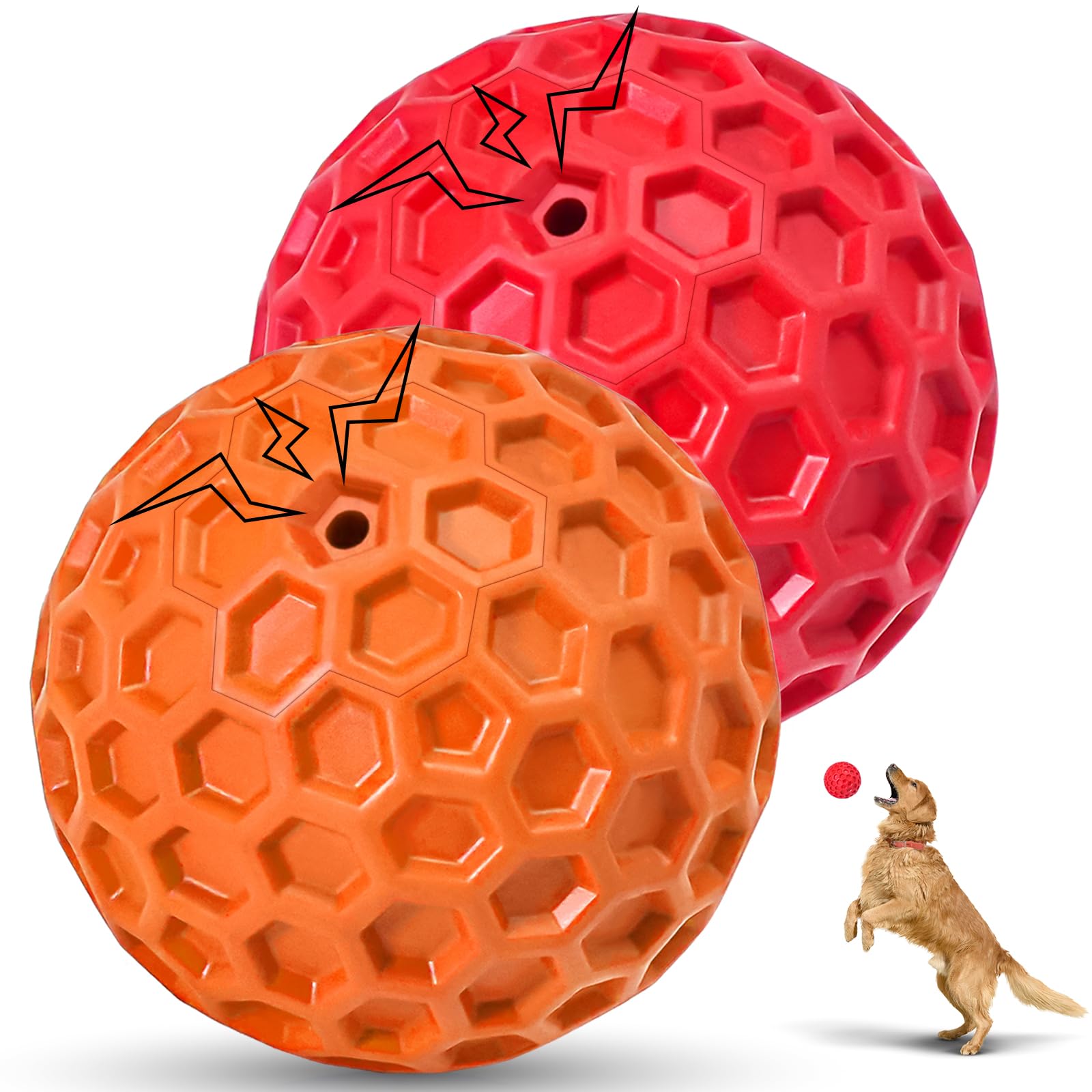 Cheodin 2 Pack Indestructible Squeaky Dog Balls For Aggressive Chewers, Durable Rubber Chew Toys For Teething, Anxiety Relief Pe