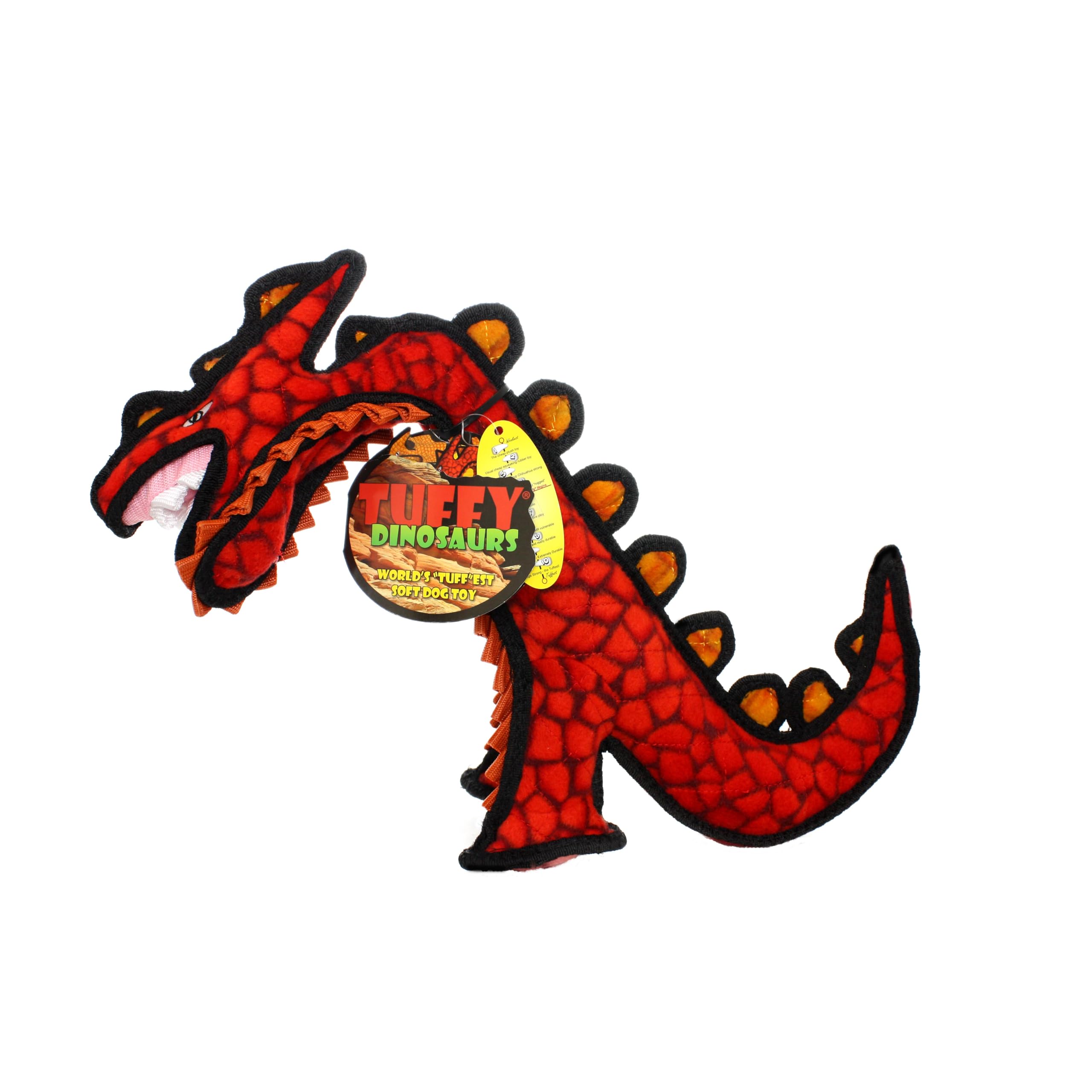 TUFFY Junior Dinosaur Destructosaurus Dog Toy - Durable, Interactive, Machine Washable, Red, Perfect for Tug, Toss & Fetch