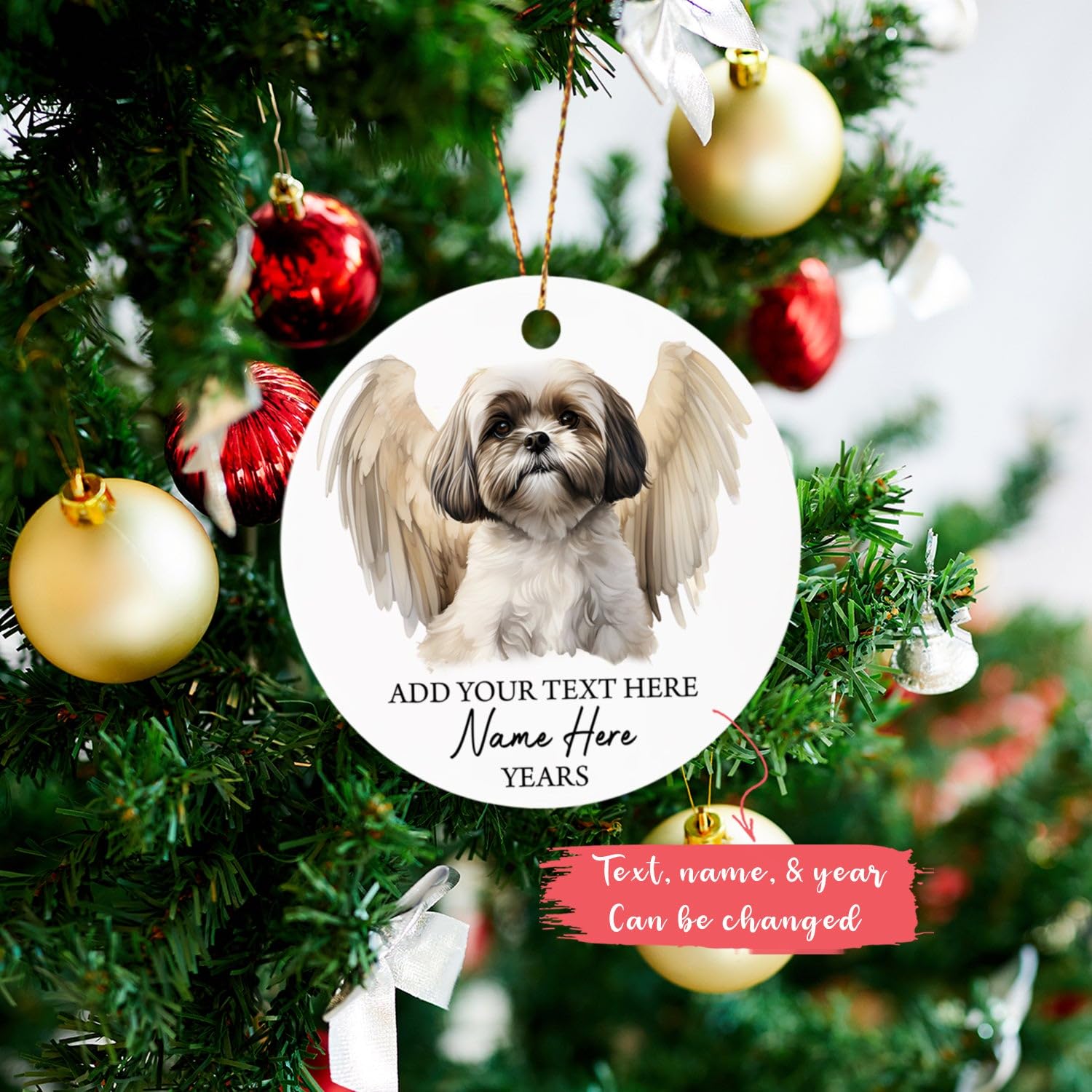 Shih Tzu Dog Memorial Christmas Ornament, Personalized Shih Tzu Dog Angel Wings Ornament, Gifts For Dog Mom Dog Dad, Custom Text Name & Year Christmas Tree Hanging, Loss Of Shih Tzu Dog Xmas Gifts
