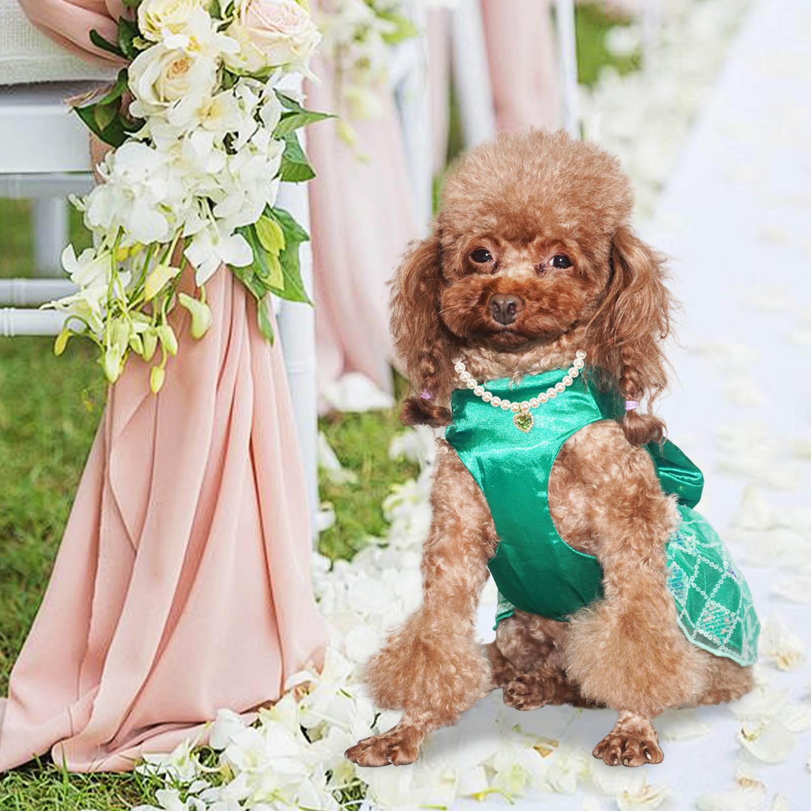 Topkins Puppy Tutu Dress With Bow Tie, Doggy Birthday Skirt With Green Heart Pearl Necklace, Dog Wedding Clothes With Sequin, Br