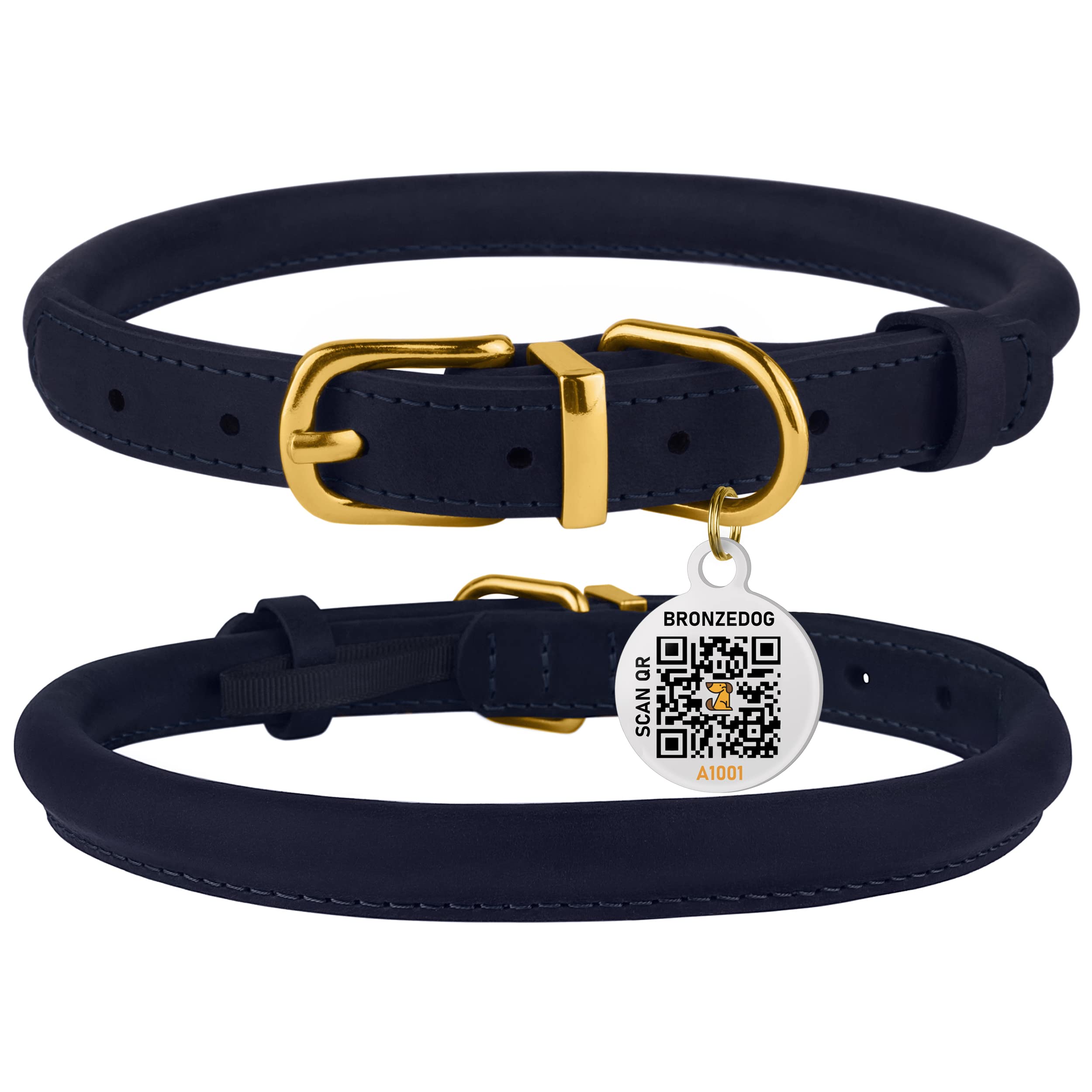 BRONZEDOG Rolled Leather Dog Collar with QR ID Tag Adjustable Soft Round Collars for Small Medium Large Dogs Puppy Cat (12 - 14