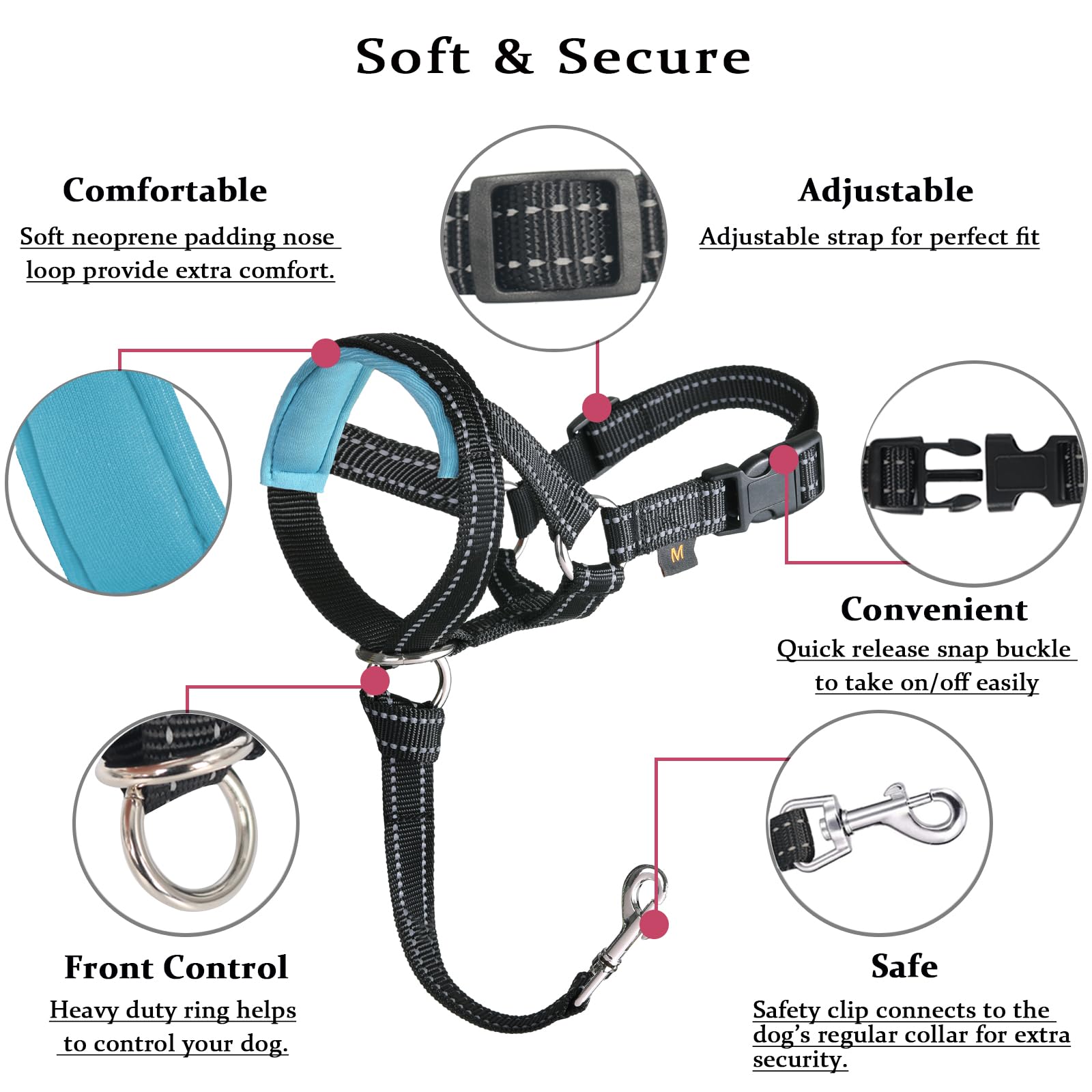 BARKLESS Dog Head Collar - No Pull Halter with Soft Padding, Neoprene, Size S, Blue/Black, Includes Free Training Guide