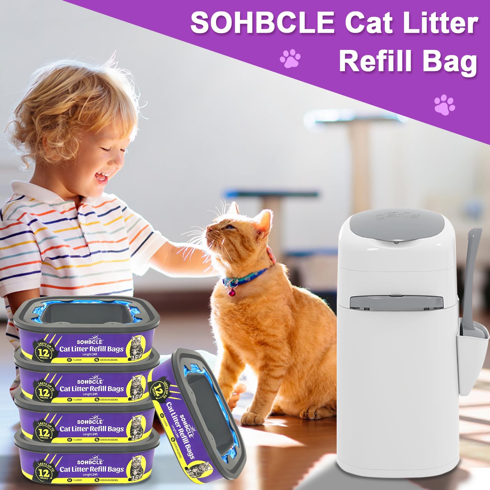 SOHBCLE Cat Litter Refill Bags - 8-Pack Compatible with Genie - Superior Odor Control - Blue - Plastic