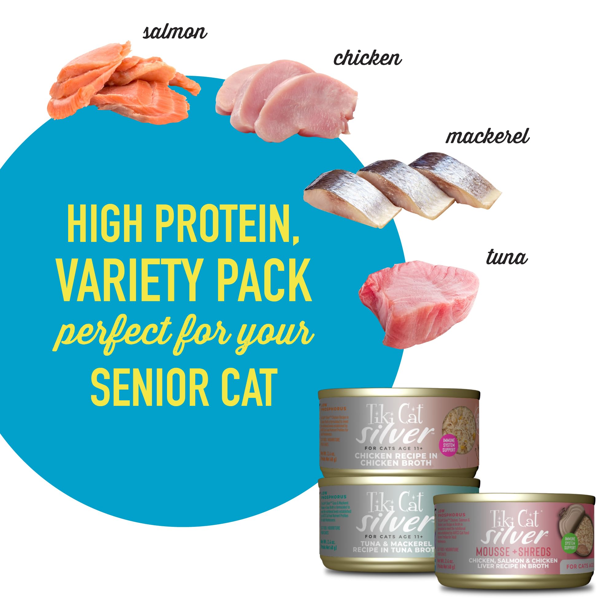 Tiki Cat Silver Variety Pack, Immune System Support Formulated for Older Cats Aged 11+, Senior Wet Cat Food, 2.4 oz. Can (12 Cou