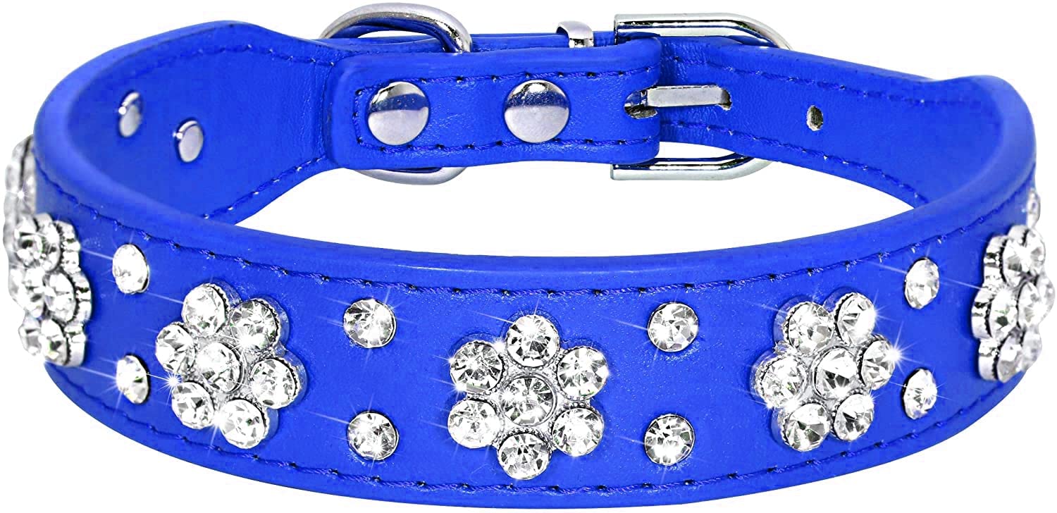 Serijoars Rhinestone Dog Collar - Cute Flower Rhinestone Bling Collar, Pu Leather, Adjustable Sizes Xs-S, Dark Blue