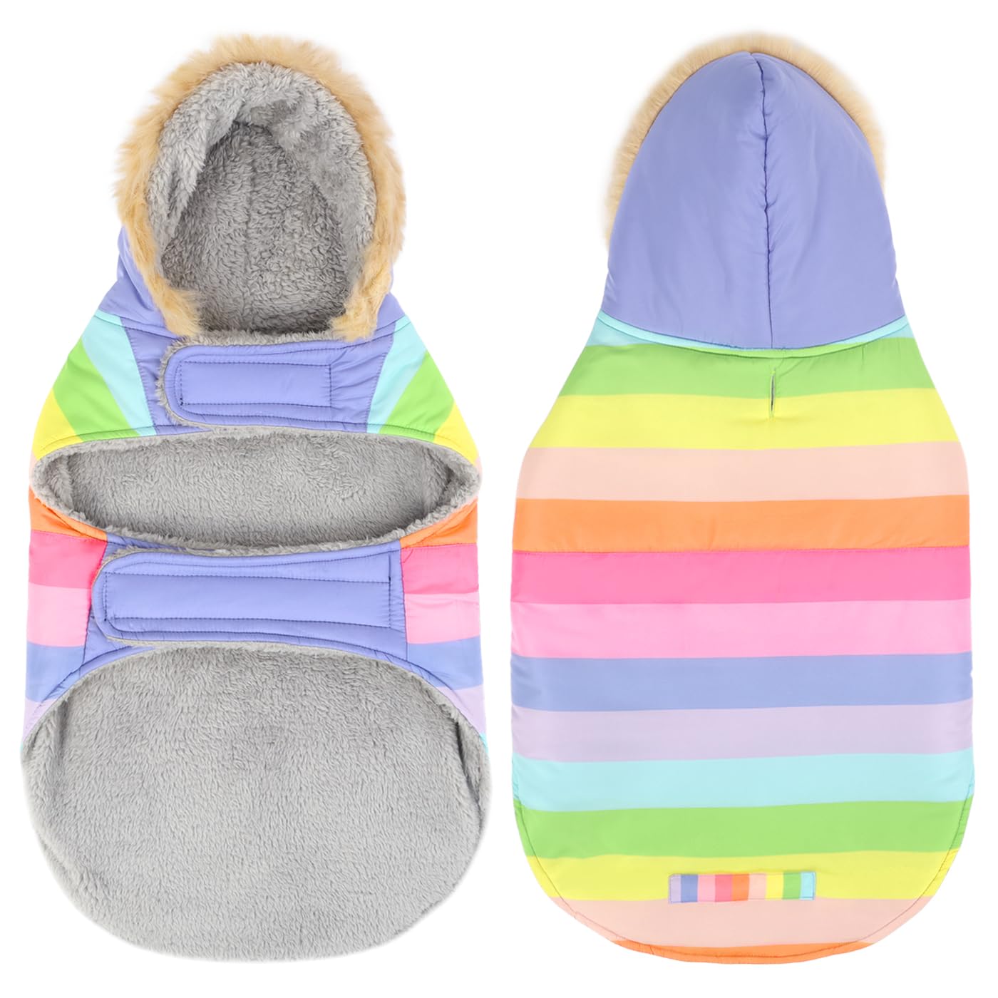 Hde Dog Puffer Jacket Fleece Lined Warm Dog Parka Winter Coat With Harness Hole Pastel Rainbow - L