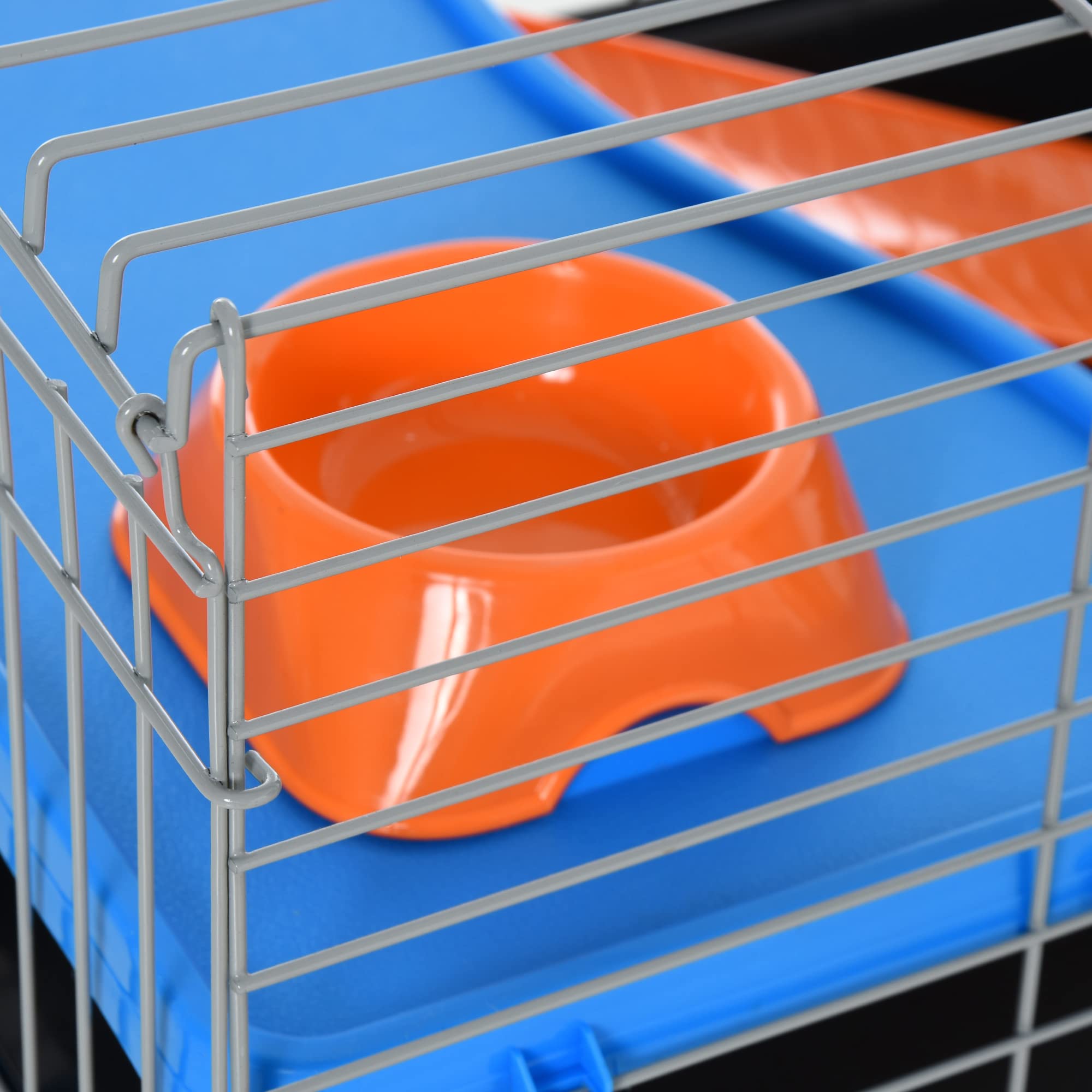 PawHut 35 L Small Animal Cage, Rolling Bunny Cage, Guinea Pig Cage with Food Dish, Water Bottle, Hay Feeder, Platform, Ramp for