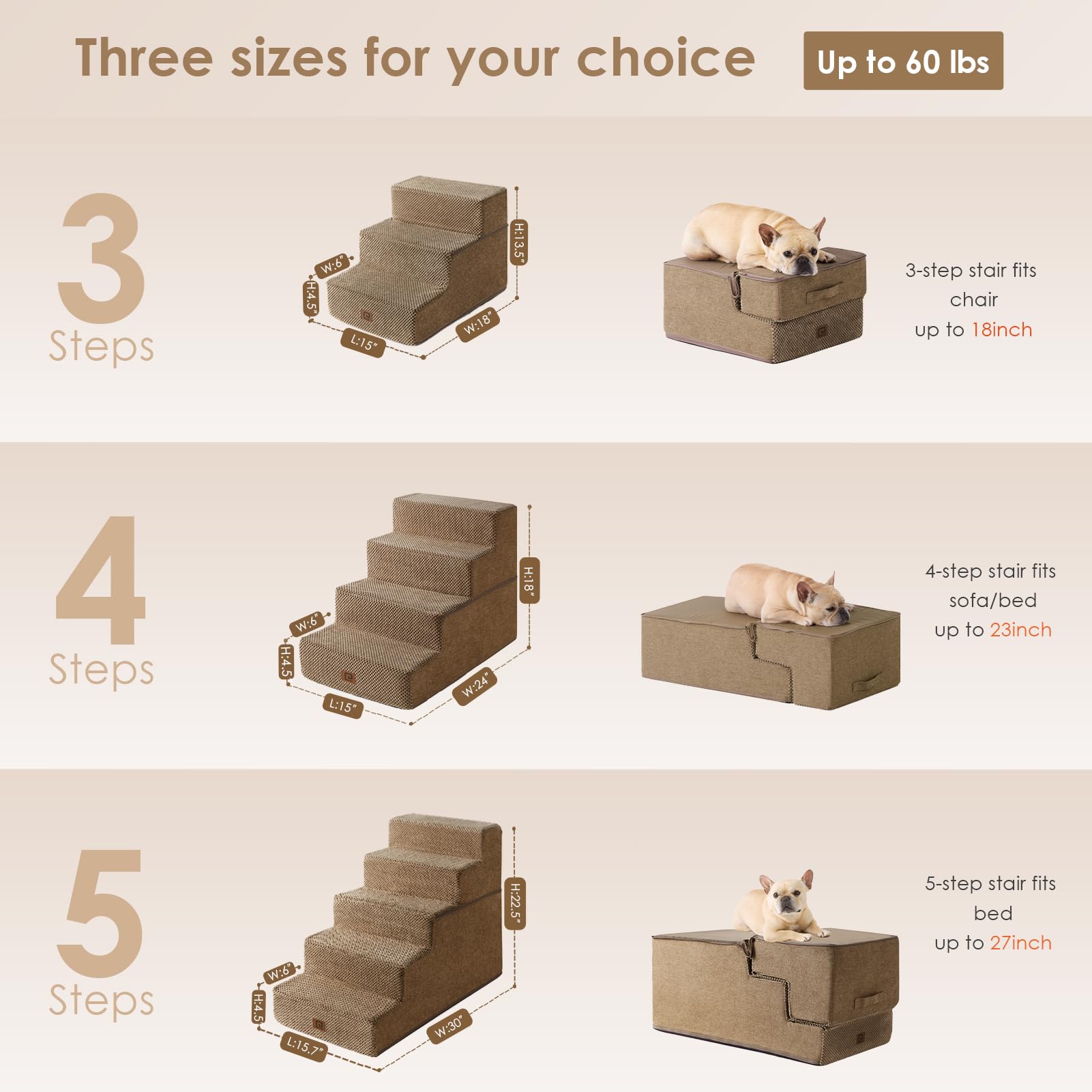 Eheyciga Dog Stairs For Bed 18”H, 4-Step Dog Steps For High Bed, Pet Steps For Small Dogs And Cats, Non-Slip Balanced Dog Indoor Ramp, Camel