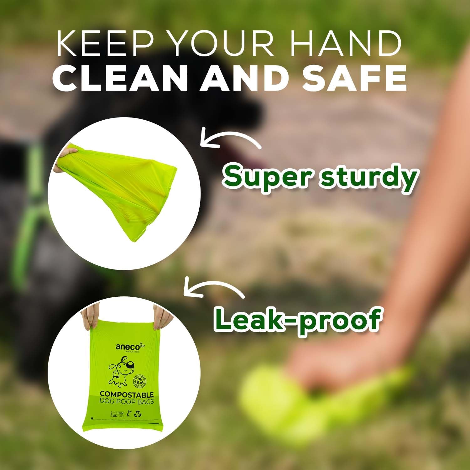 ANECO 100% Certified Home Compostable Dog Poop Bags (135 Count/9 Rolls), Large Poop Bags for Dogs & Cats, Extra Strong & Leak-pr