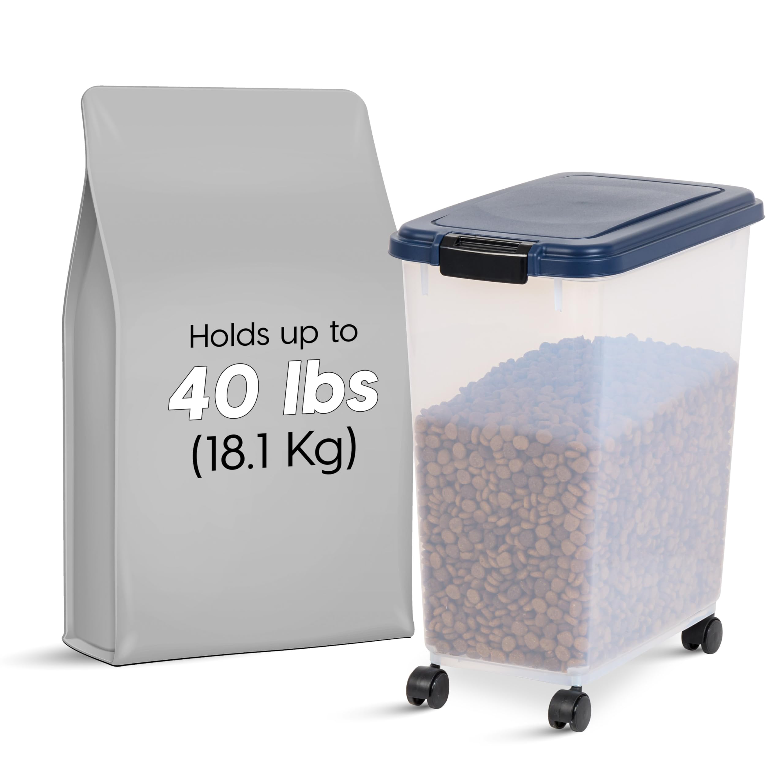 IRIS USA WeatherPro Airtight Dog Food Storage Container, Up to 40 lbs, Attachable Wheels, For Dog Cat Bird and Other Pet Food St