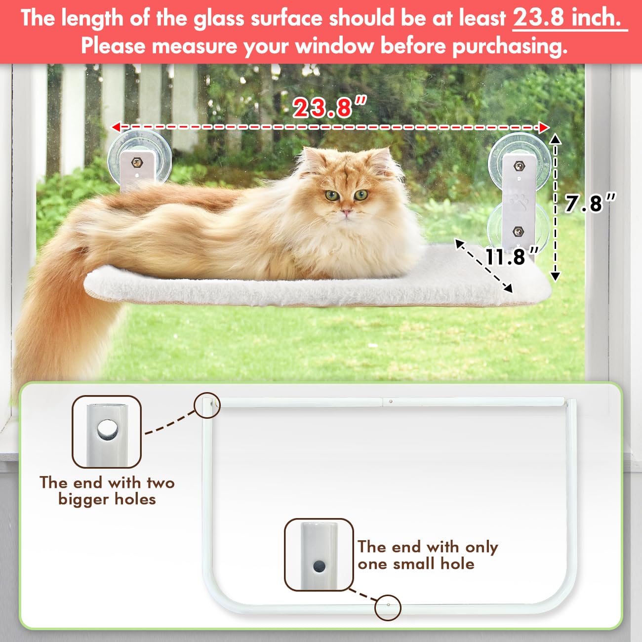 AMOSIJOY Cordless Cat Window Perch, Medium Foldable Cat Hammock, Stainless Steel, 4 Suction Cups, Grey & Khaki Covers, Model CWP-M