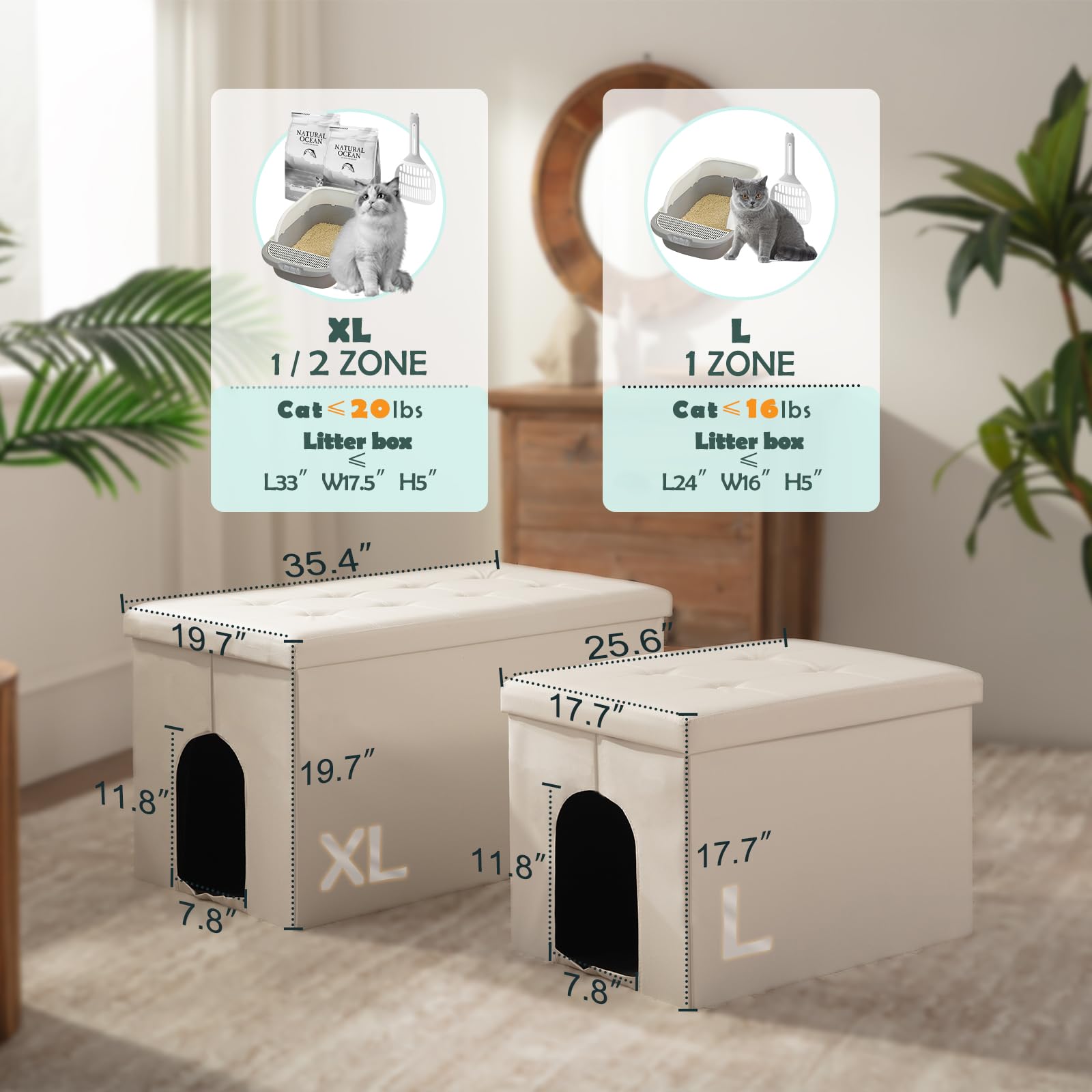 Meexpaws Cat Litter Box Enclosure Furniture Hidden, Cat Washroom Bench Storage Cabinet |Large 25.6'' X 17.7'' X 17.7''| Dog Proo